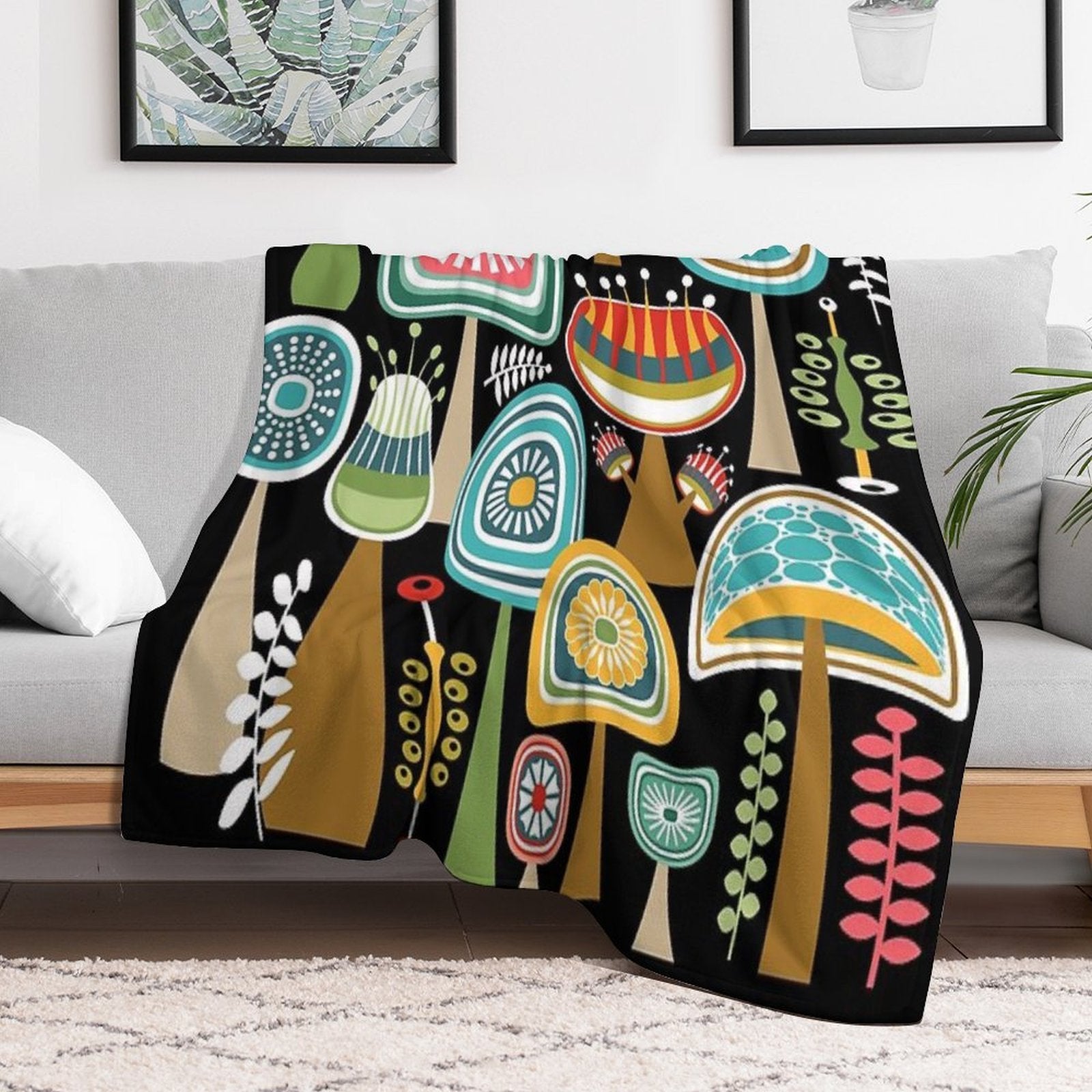 Colorful Mid Century Modern Mushrooms  Large Scale Gift-ready Throw Blanket