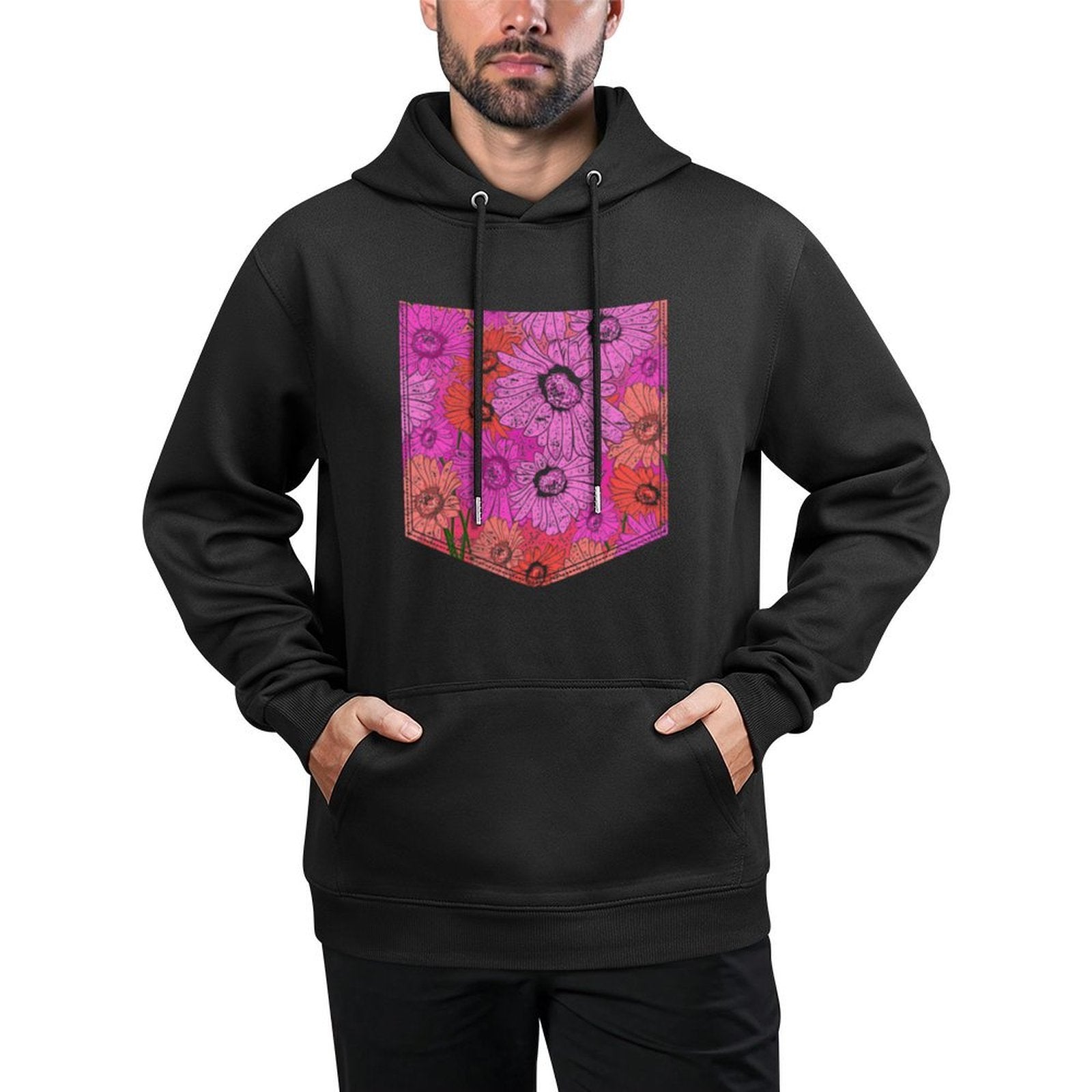 Colorful Flower Pocket Floral Pattern Botanical Kangaroo Pocket Hoodie