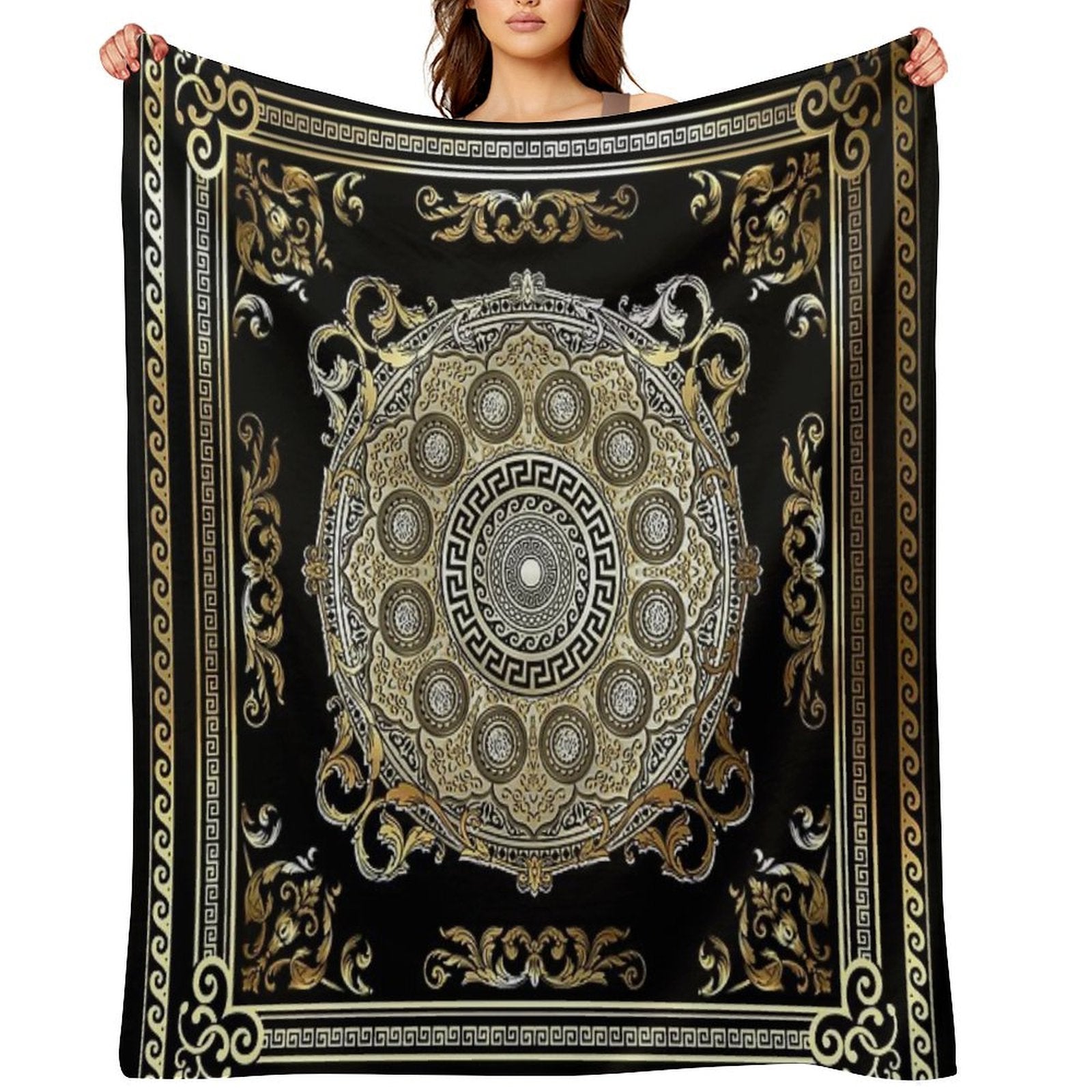 Ornate Baroque Gold Pearl Black Waves Greek Meander Easy Care Throw Blanket