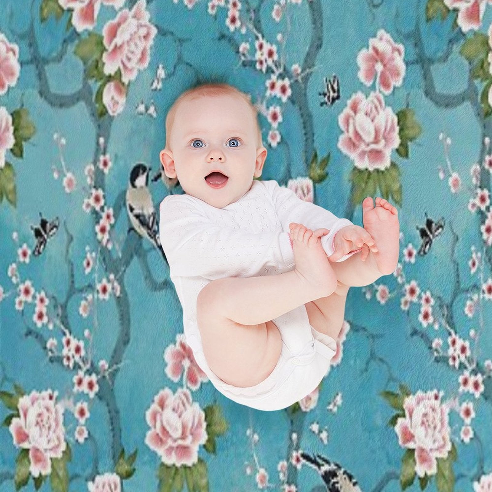 Chinoiserie Birds in Turquoise Blue Eco-conscious Throw Blanket