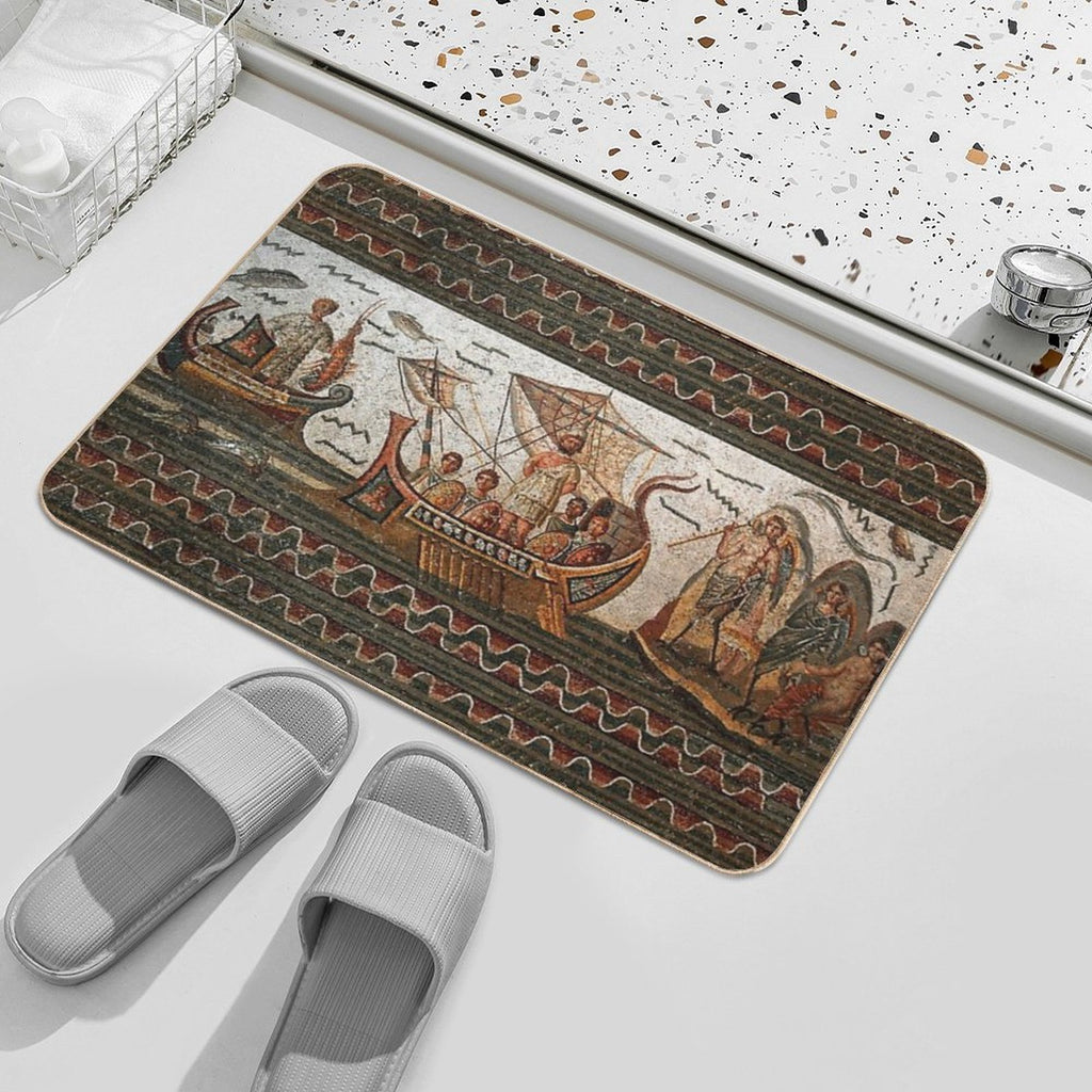 ANTIQUE ROMAN MOSAICS  Odyssey ,Ulysses Sailing with Vessel, Resistant to Sirens.,  Multi-Purpose Bath Mat