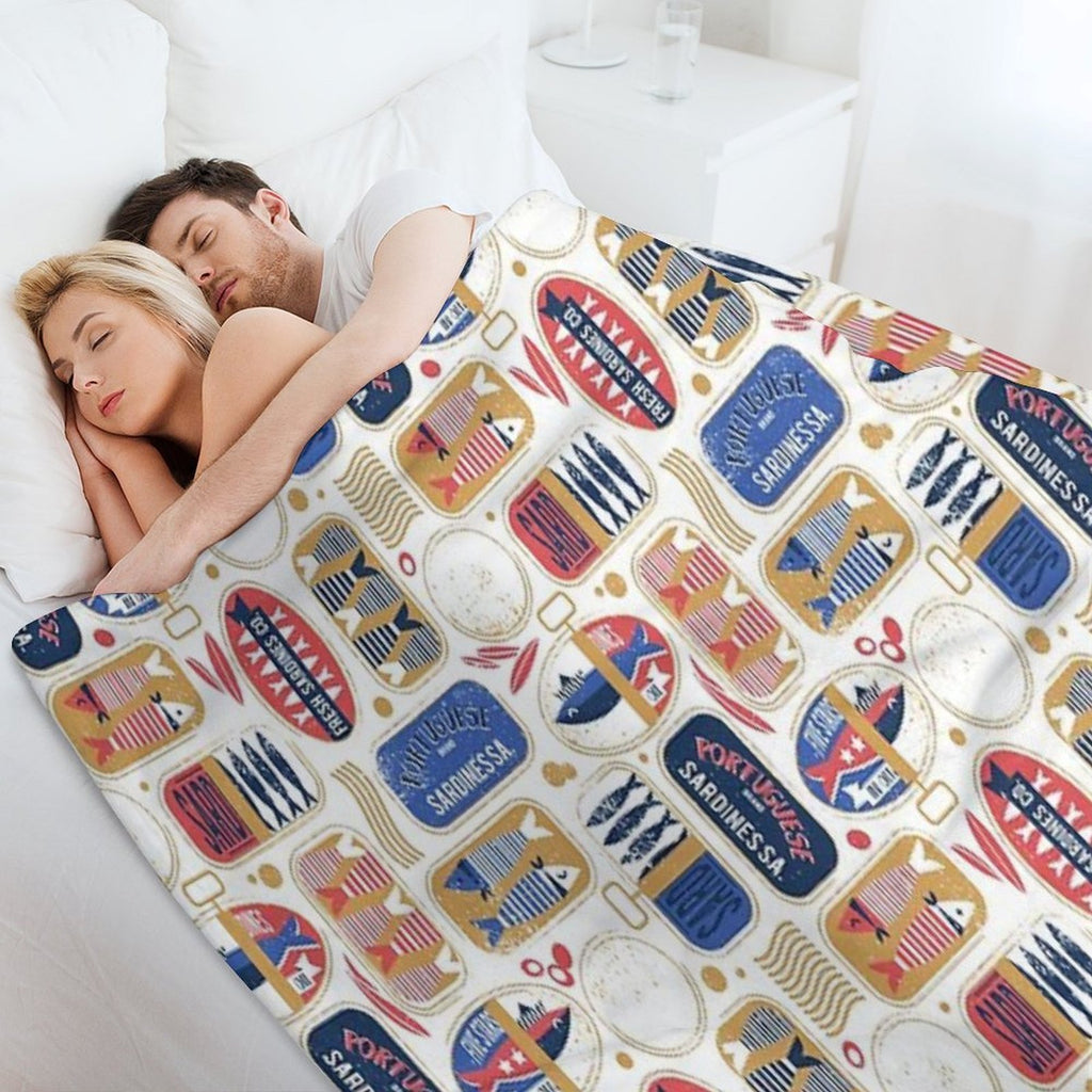 Vintage Canned Sardines  White Background Electric Blue And Mandy Red Cans Velvety-soft Throw Blanket