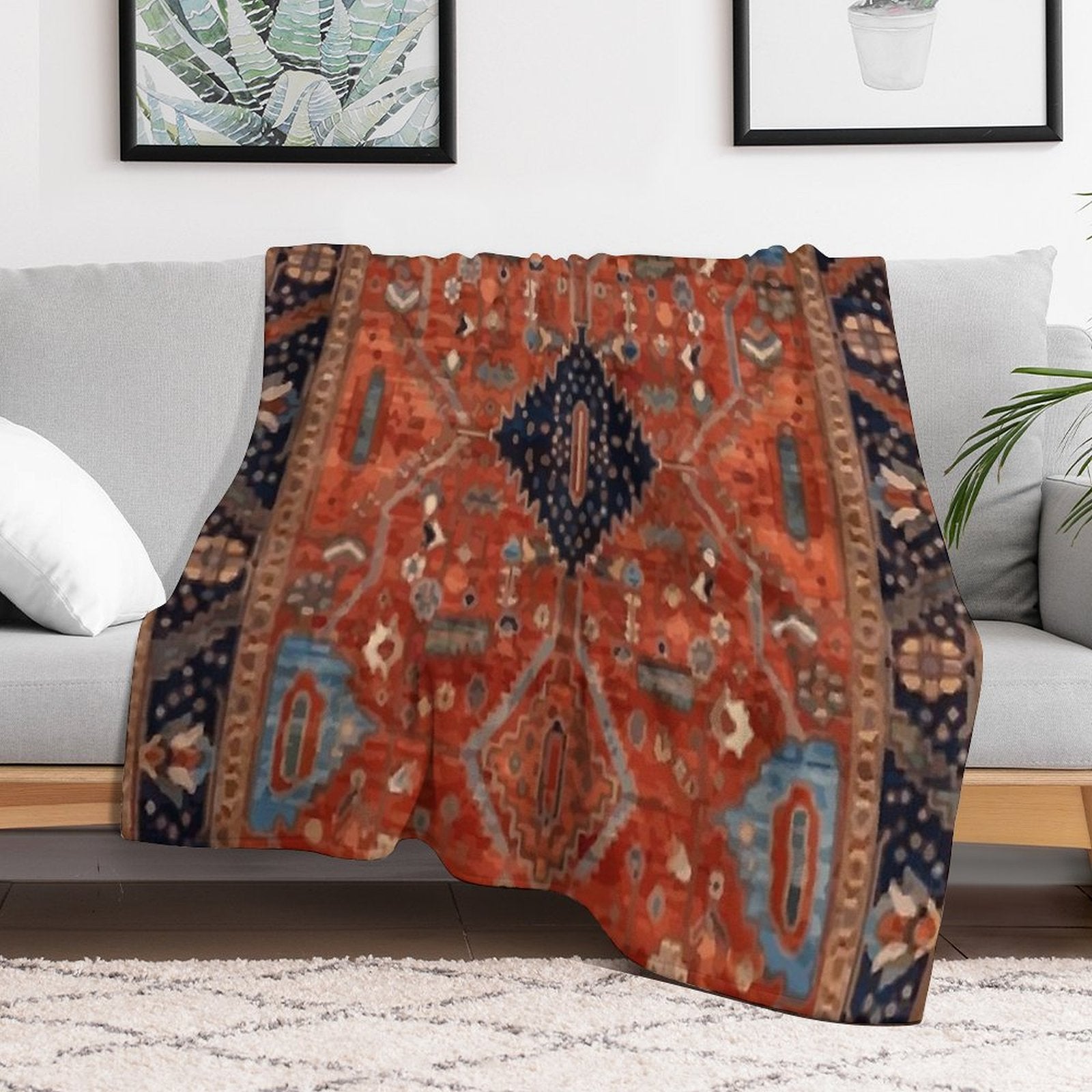 Antique Vintage Persian Rug Pattern in Red And Navy Lightweight Throw Blanket