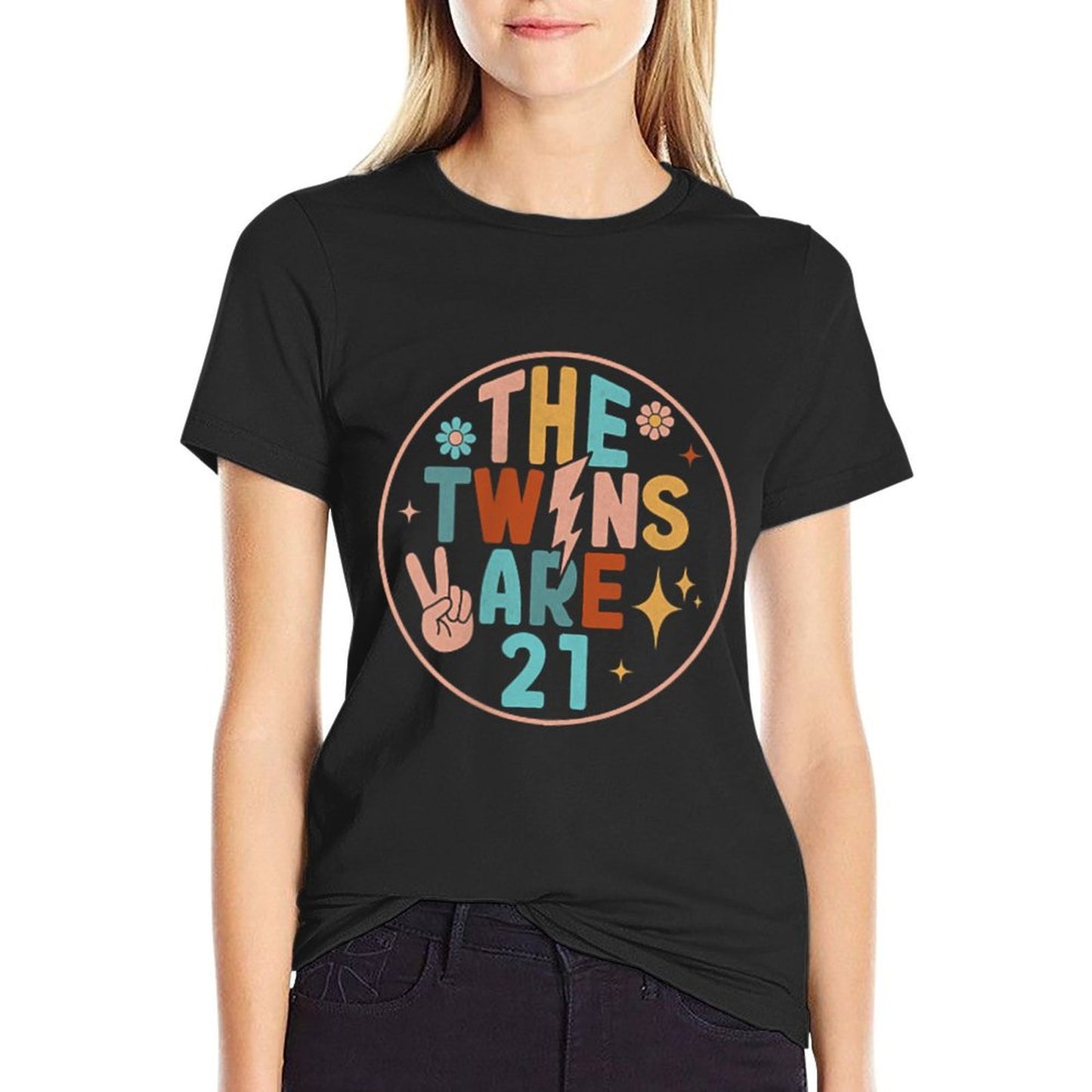 (2 SIDED) Twins 21st Birthday Party Groovy 21 Year Old Twin  Polyester Blend T-Shirt