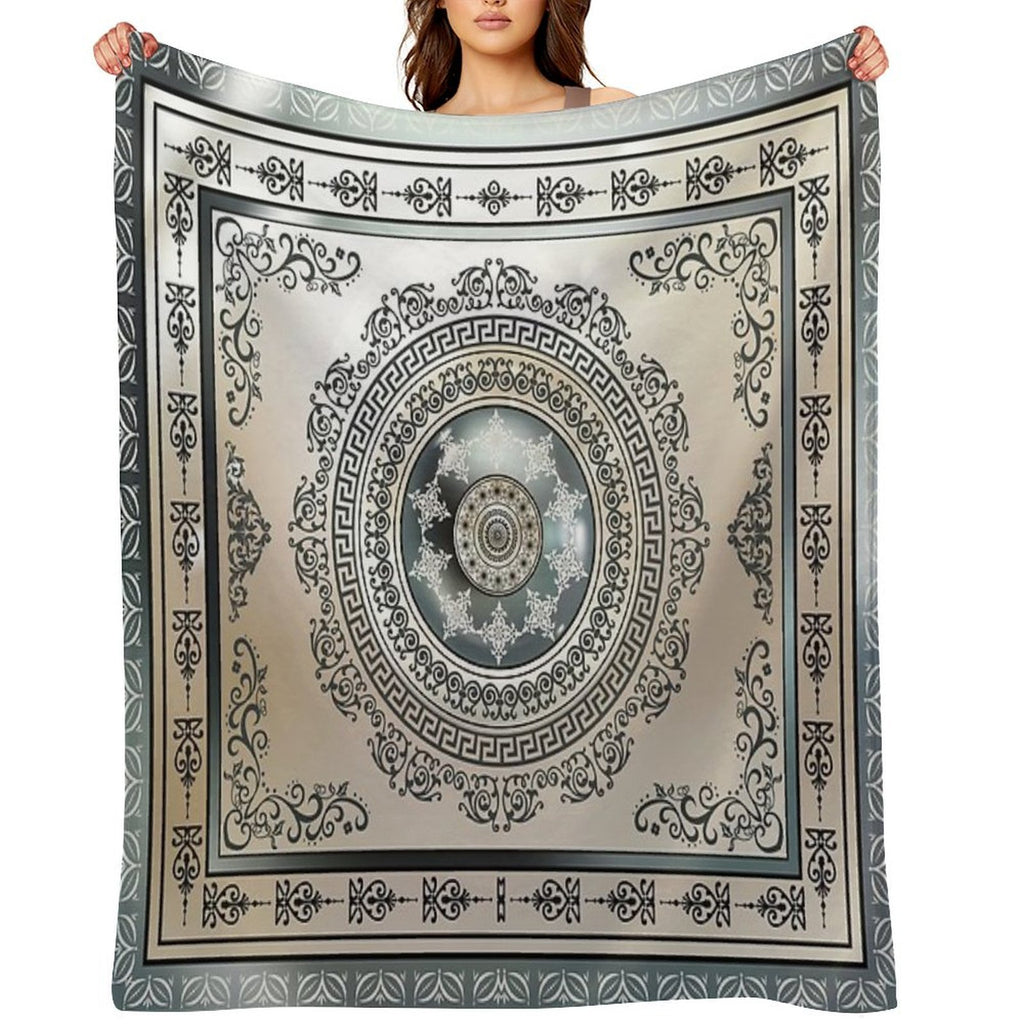 Ornate Greek Key Meander Green And Cream Medallion Wrinkle-free Throw Blanket