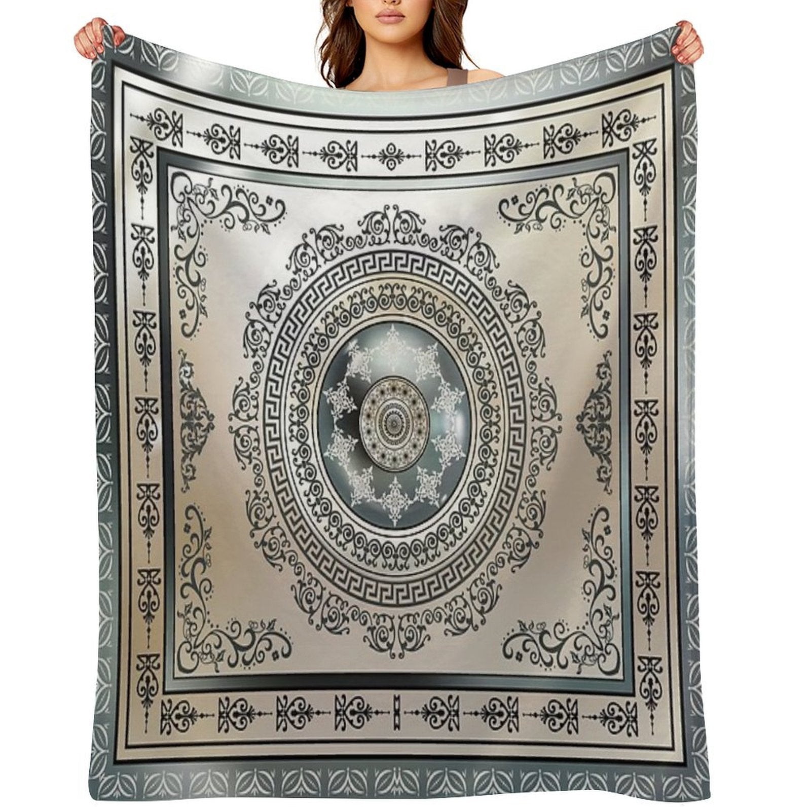 Ornate Greek Key Meander Green And Cream Medallion Wrinkle-free Throw Blanket