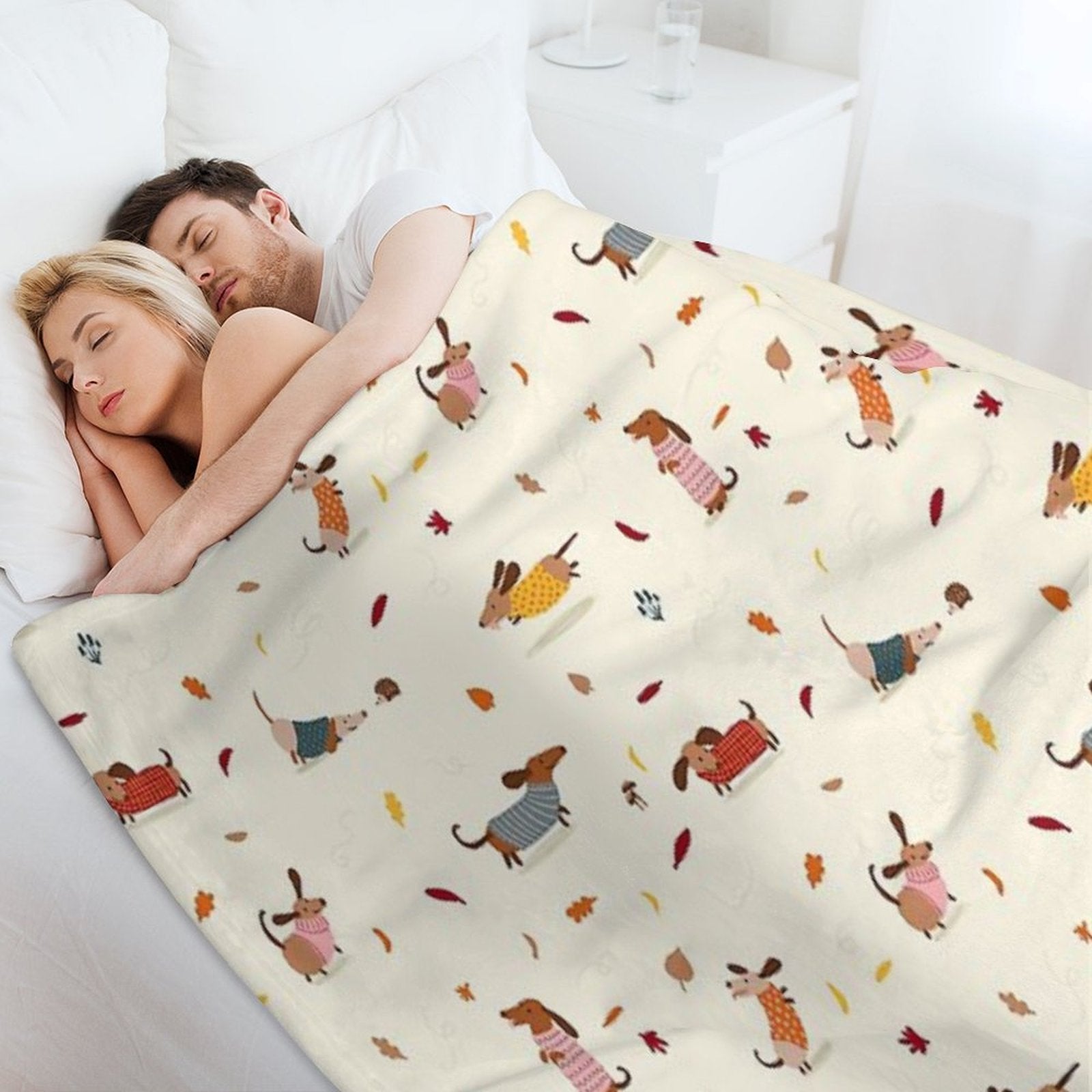 Cute Dachshunds in Winter Sweaters with Autumn Leaves Comfort Throw Blanket