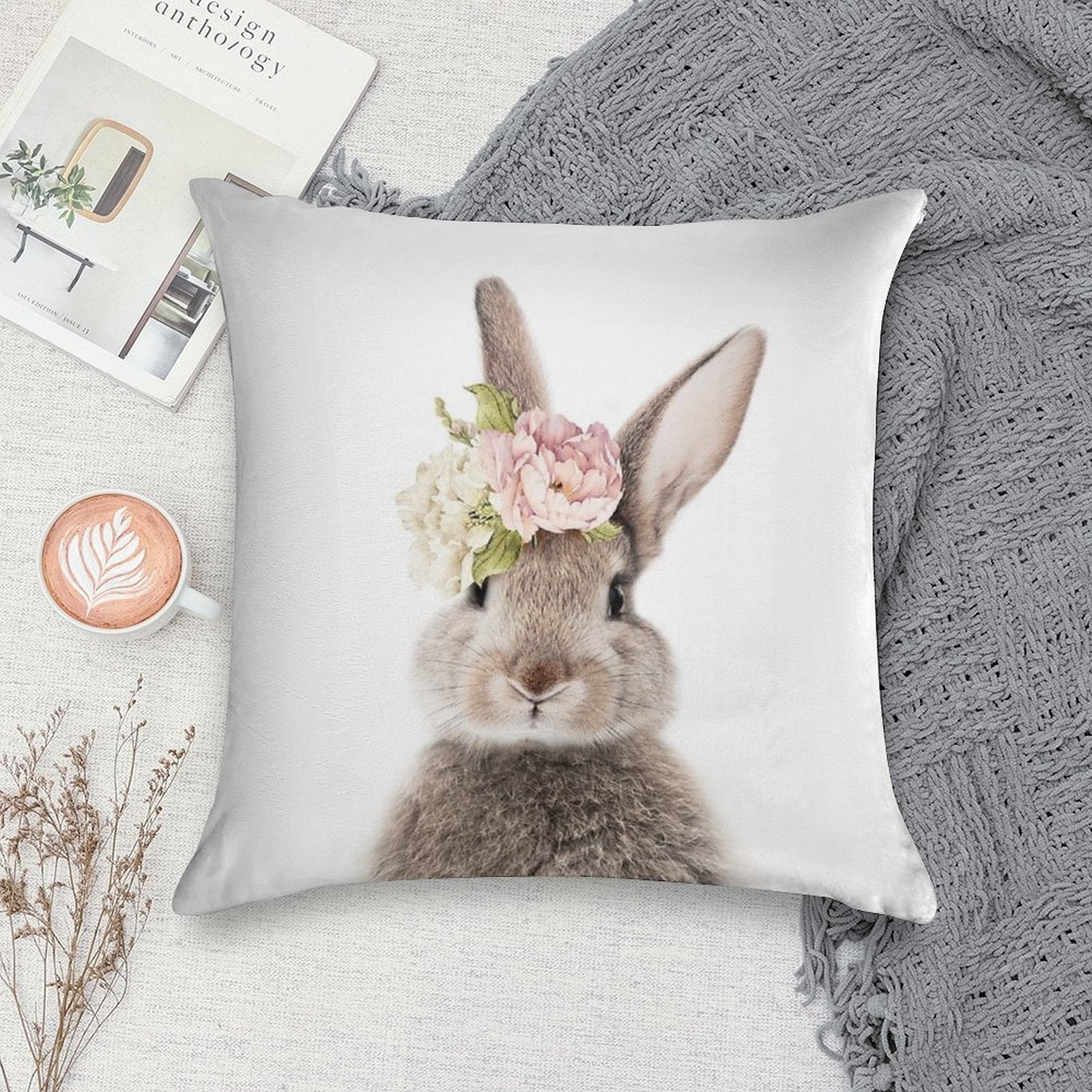 Peek-a-boo Floral Bunny Soft High-Density Material Throw Pillow