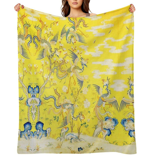 Five Phoenixes in The Garden ,Chinese Imperial Bright Yellow Floral Tapestry Plush Throw Blanket