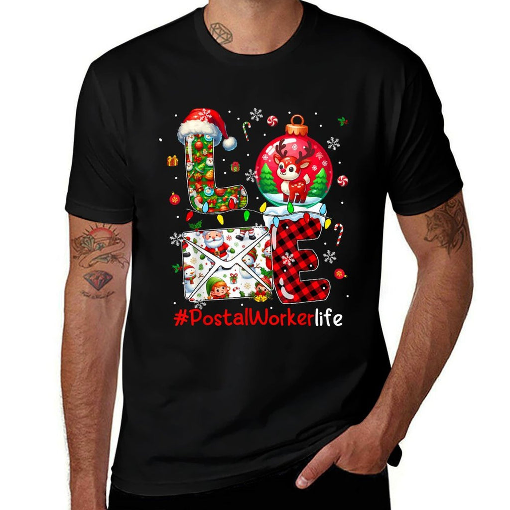 LOVE Postal Worker Christmas Santa Reindeer Matching Team  High-quality Stitching T-Shirt