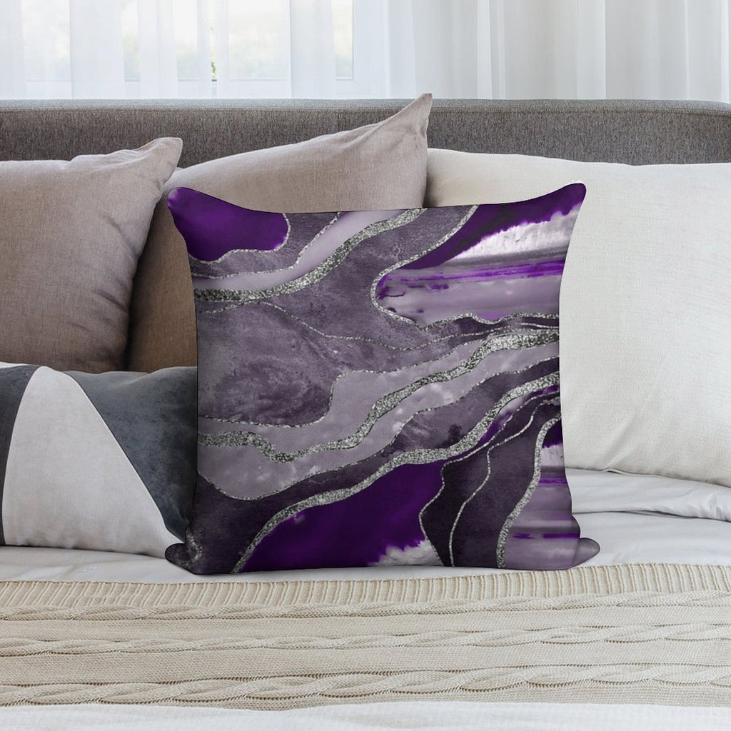 Dark Violet Marble Agate Silver Glam #1 (Photo of Glitter Only - Not Reflective) Soft Short Plush Fabric Throw Pillow