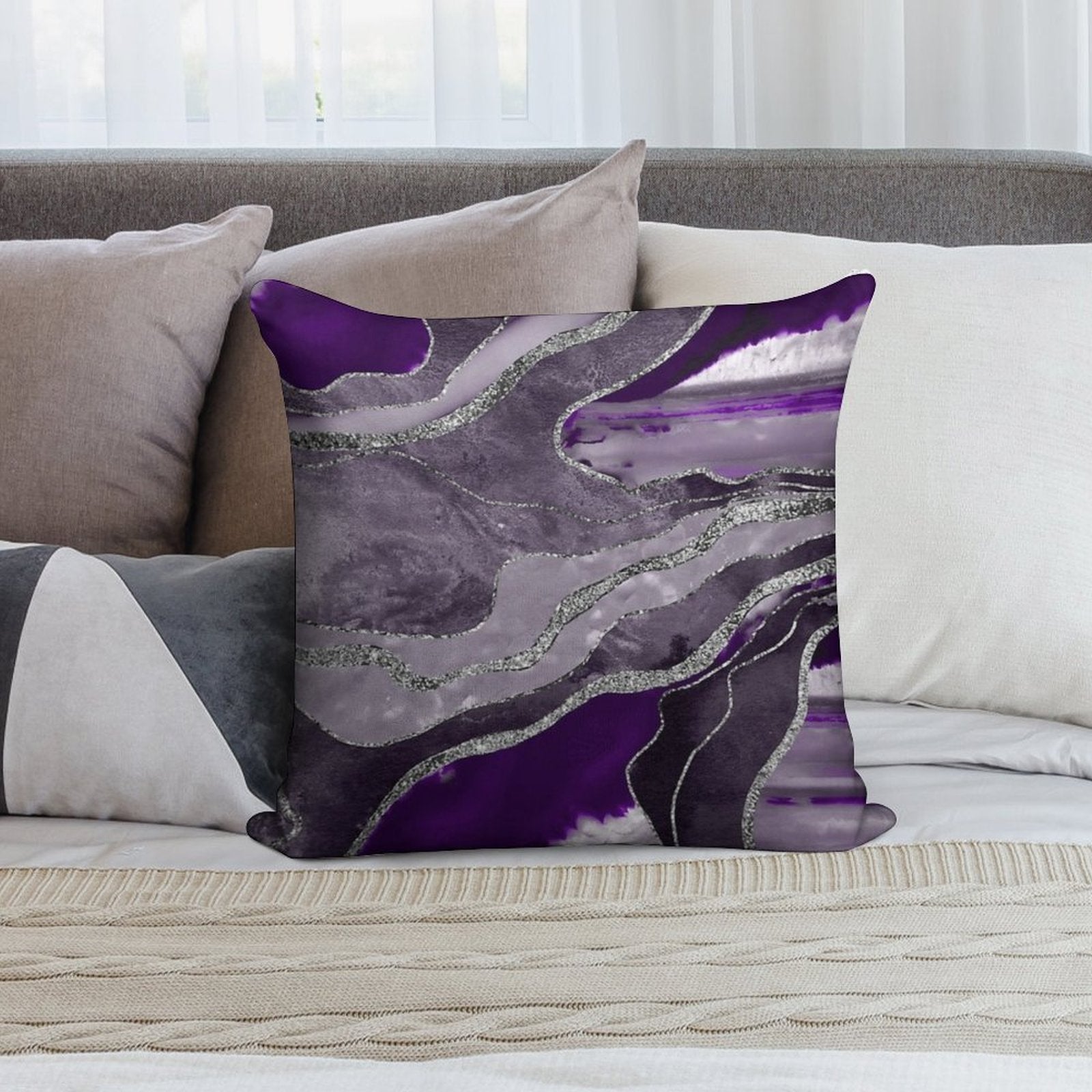 Dark Violet Marble Agate Silver Glam #1 (Photo of Glitter Only - Not Reflective) Soft Short Plush Fabric Throw Pillow