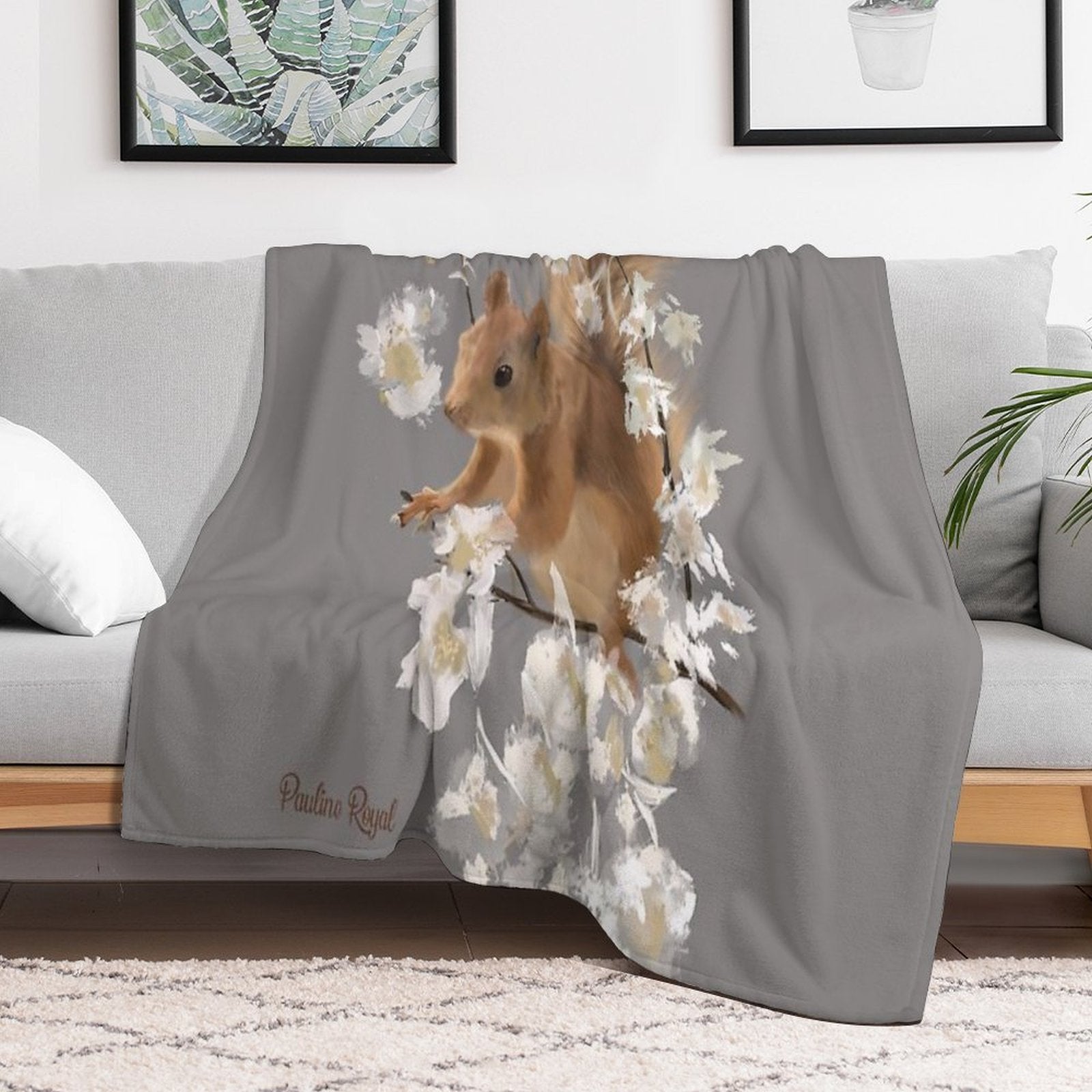Nature Illustration of Red Squirrel And White Flowers in Springtime! Quick-dry Throw Blanket