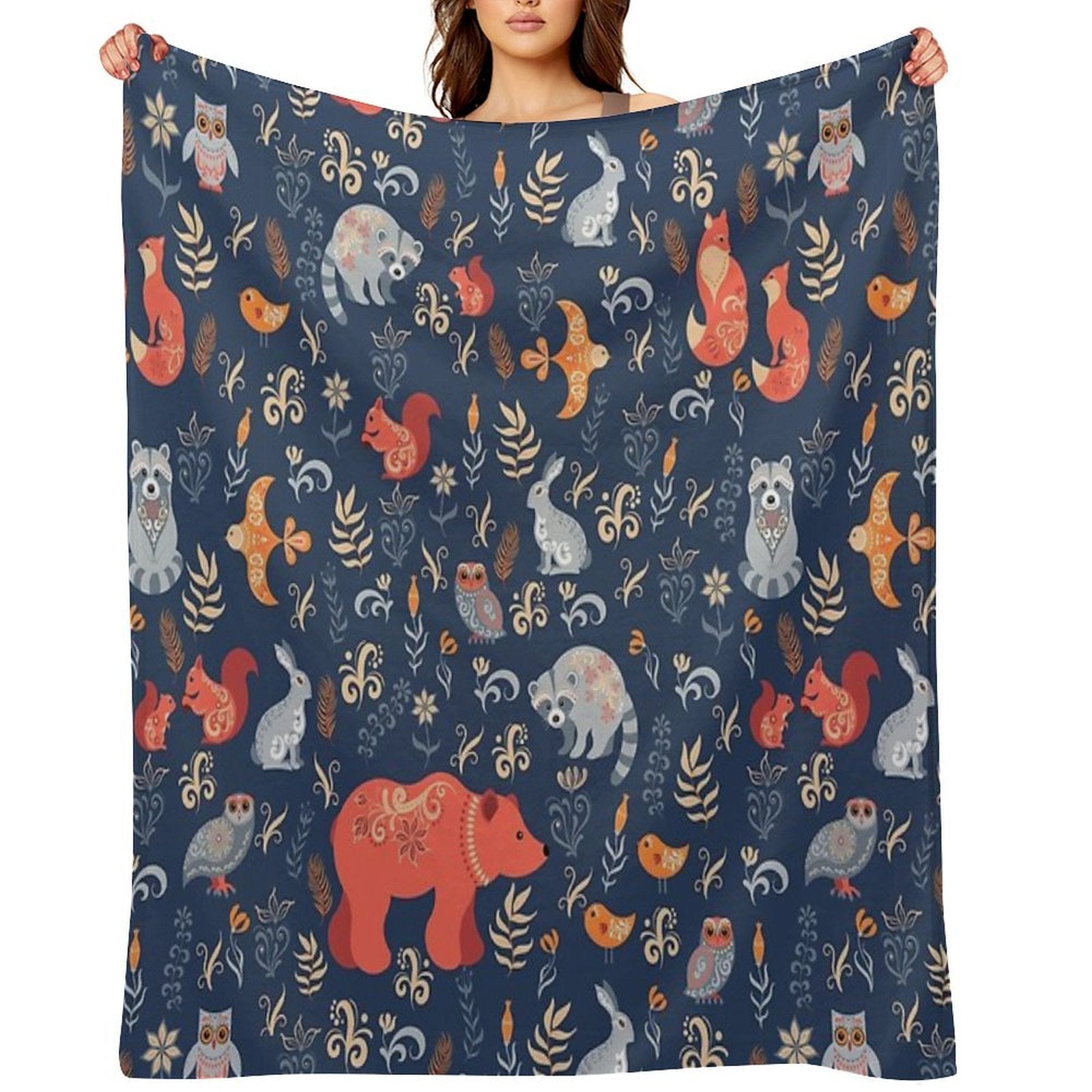 Fairy-tale Forest. Fox, Bear, Raccoon, Owls, Rabbits, Flowers And Herbs on A Blue Background. Anti-pilling Throw Blanket
