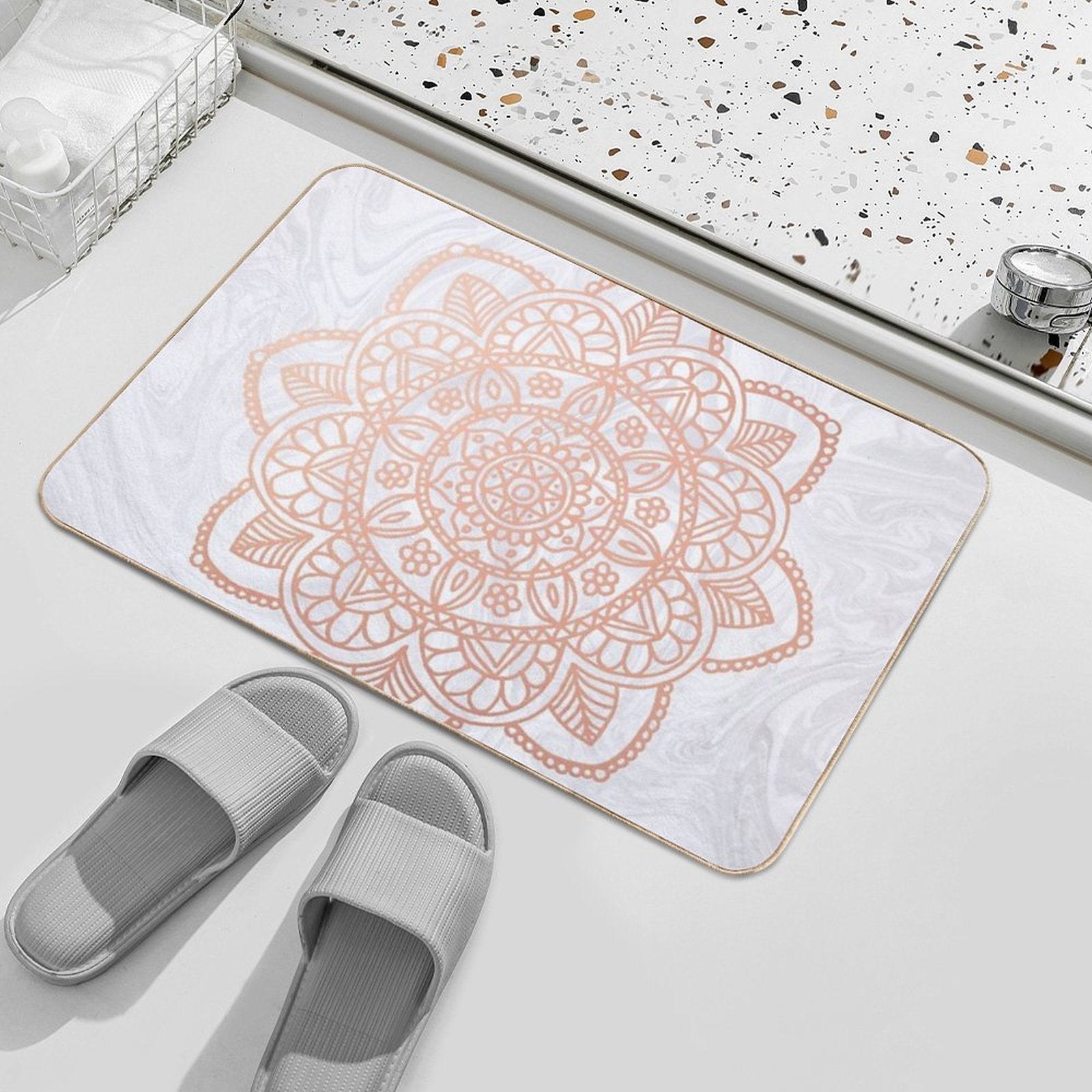Rose Gold Mandala on White Marble  Easy To Clean Bath Mat