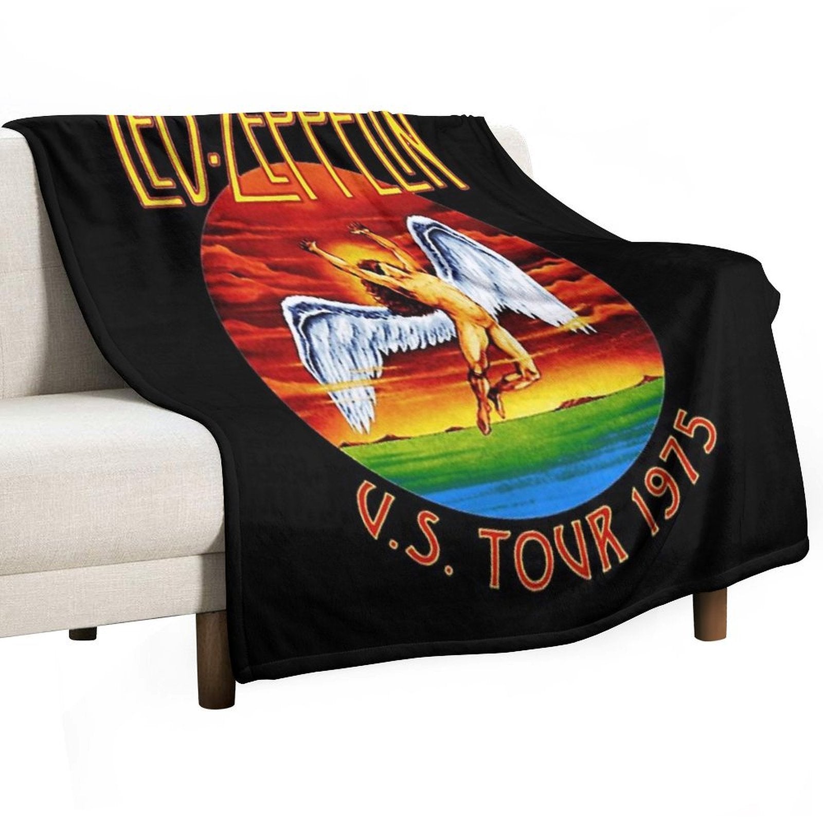 Led Vintage  US Tour 1975  Black Background Travel-friendly Throw Blanket