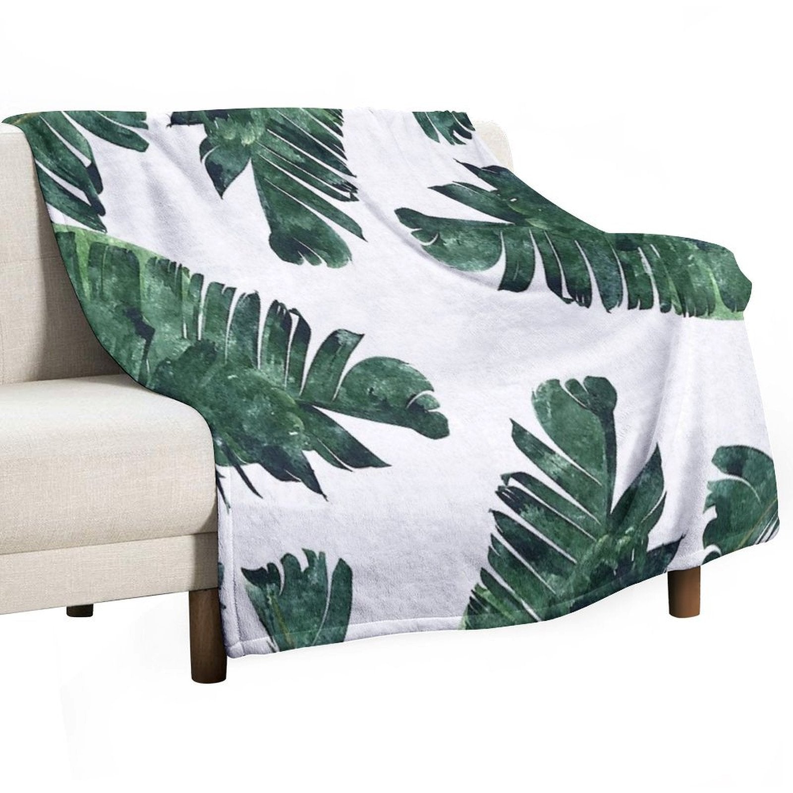 Banana Leaves Watercolor Painting, Tropical Botanical Jungle Nature Minimal Vibrant Modern Bohemian Illustration Shrink-resistant Throw Blanket