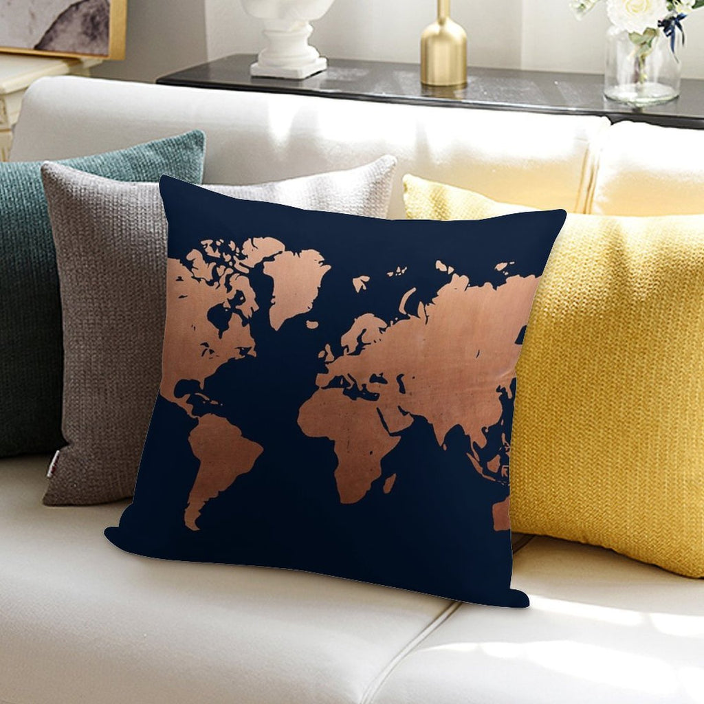World Map - Navy Blue And Copper Soft Luxury Feel Throw Pillow