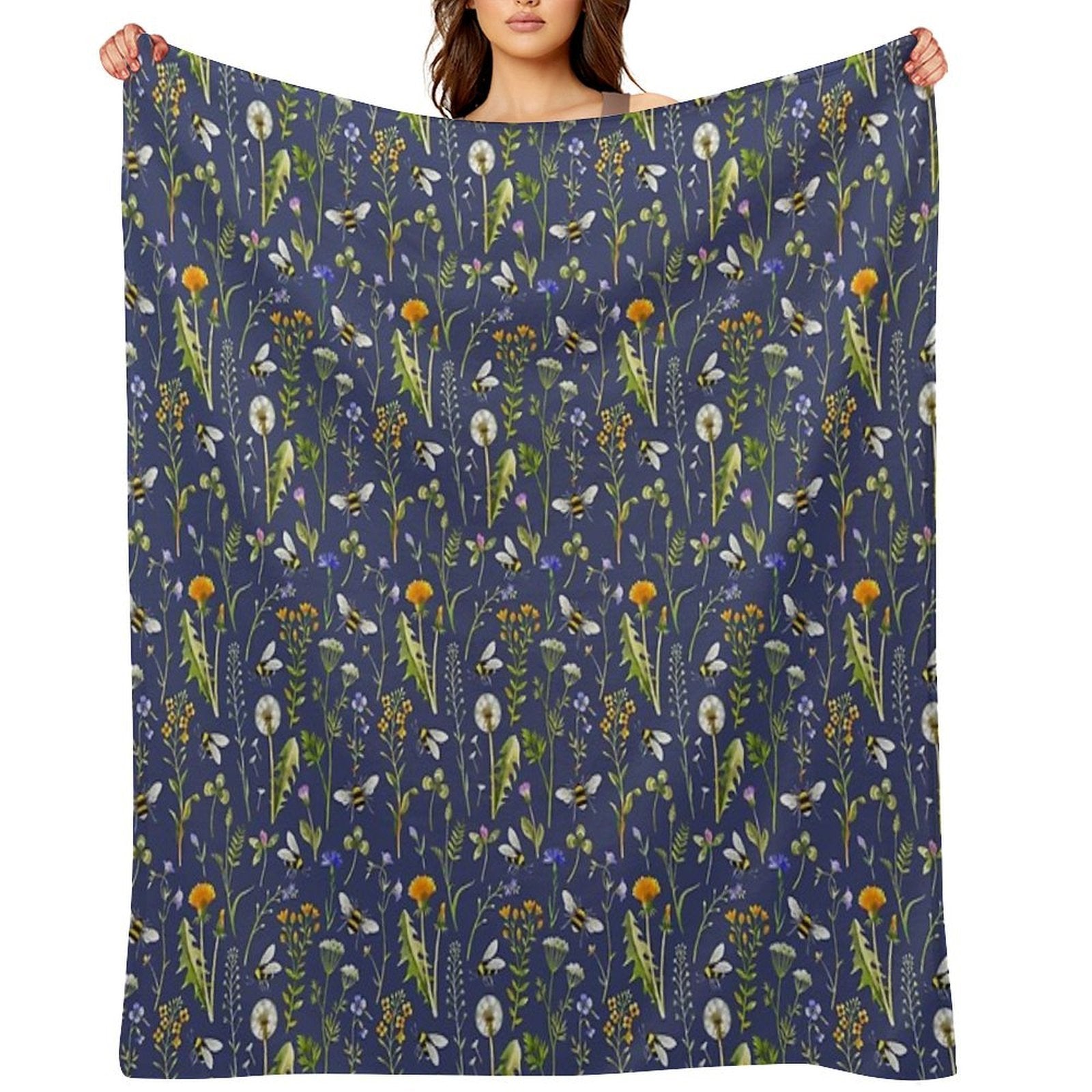 Bees And Wildflowers  Dark Blue Machine-washable Throw Blanket