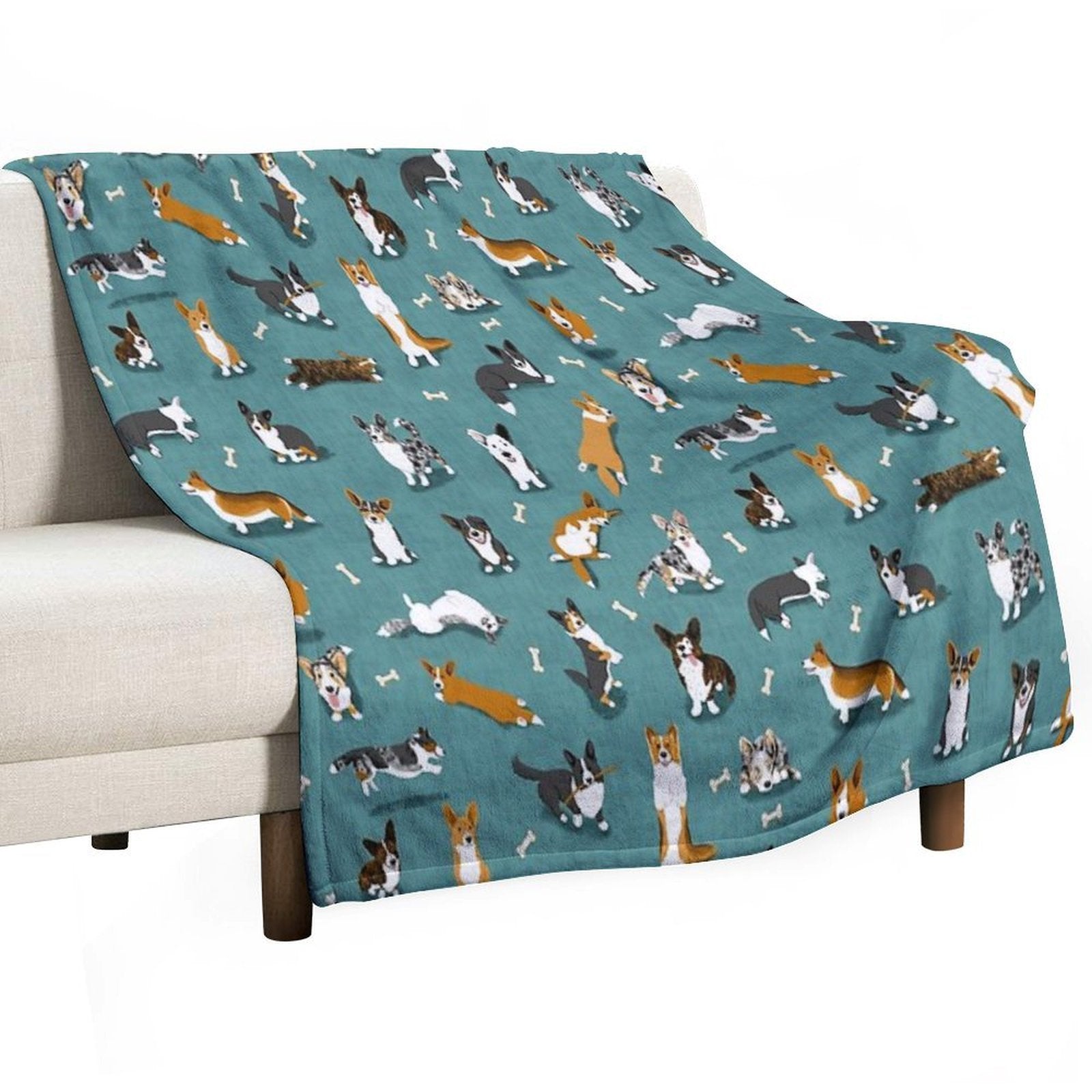 Cardigan Corgi Pattern on Teal Durable Throw Blanket
