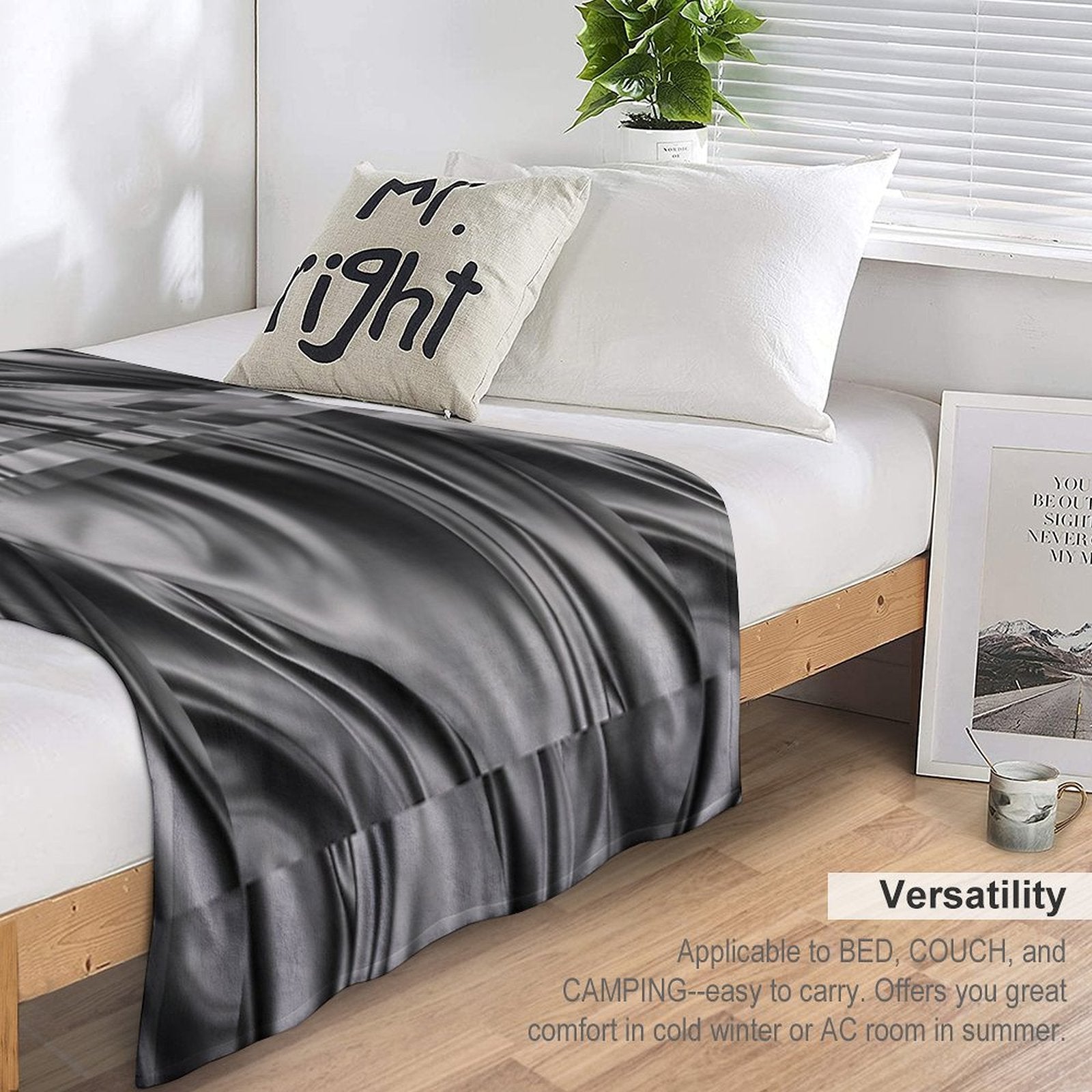 Dark Gray Black Abstract Swirls Wavy Spiral Textures Silk Satin Comfort Throw Blanket