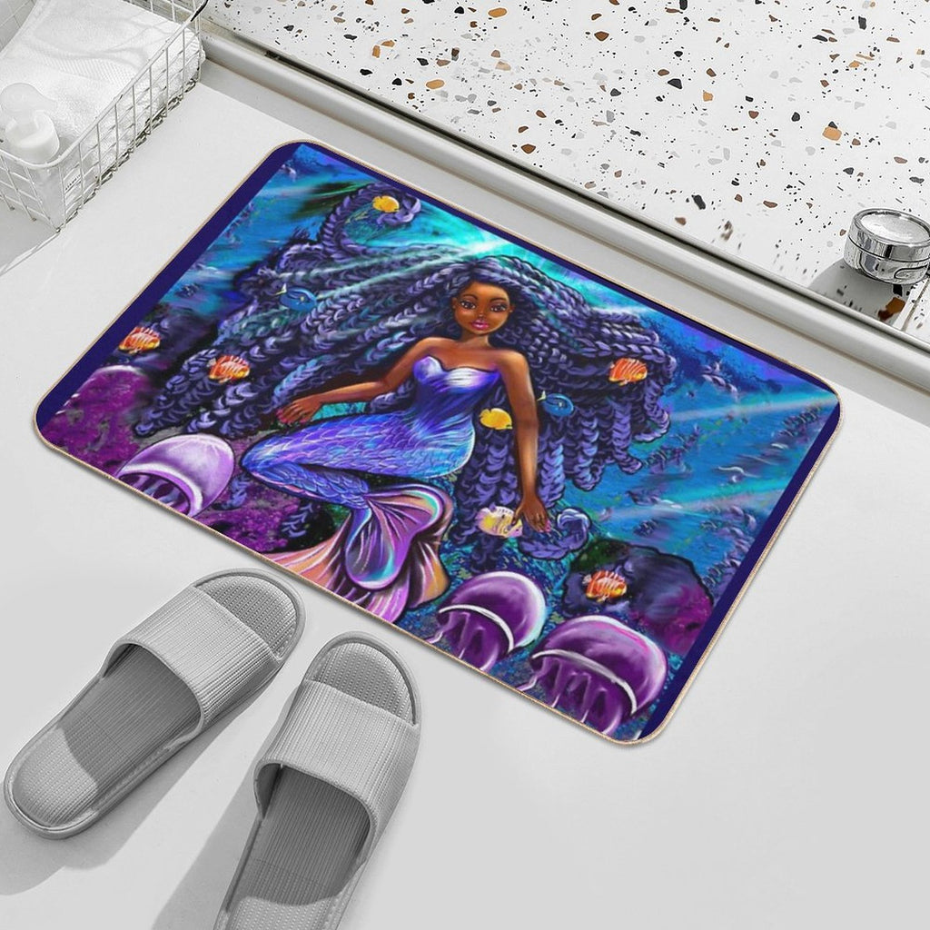Mermaid Underwater with Flowing Shimmering Blue Black Braids 2 Fish And Jelly Fish  , Brown Eyes Curly Afro Hair And Caramel Bro  Toxin-Free Bath Mat
