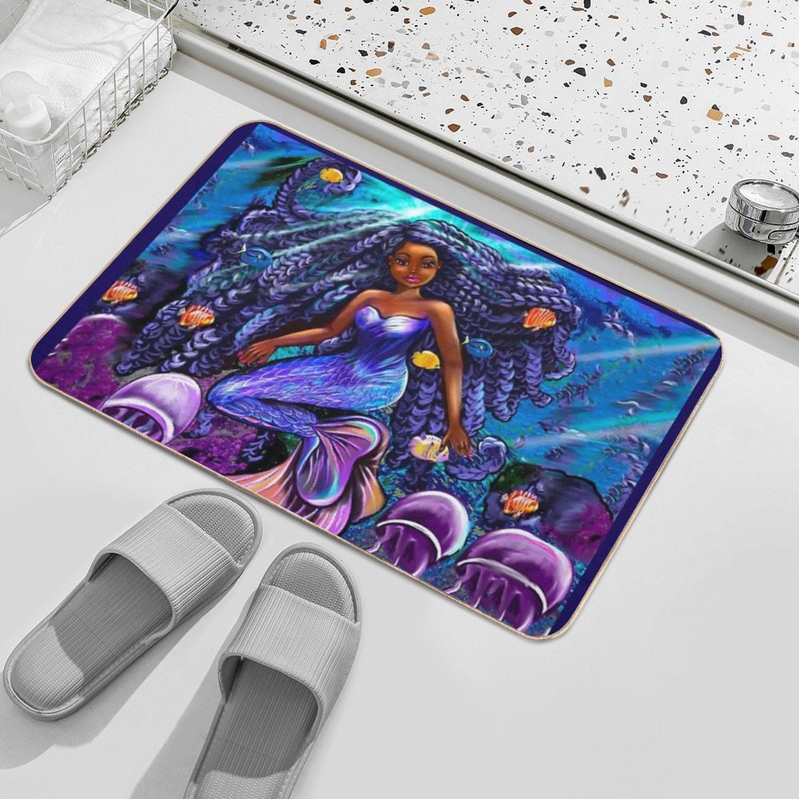 Mermaid Underwater with Flowing Shimmering Blue Black Braids 2 Fish And Jelly Fish  , Brown Eyes Curly Afro Hair And Caramel Bro  Toxin-Free Bath Mat