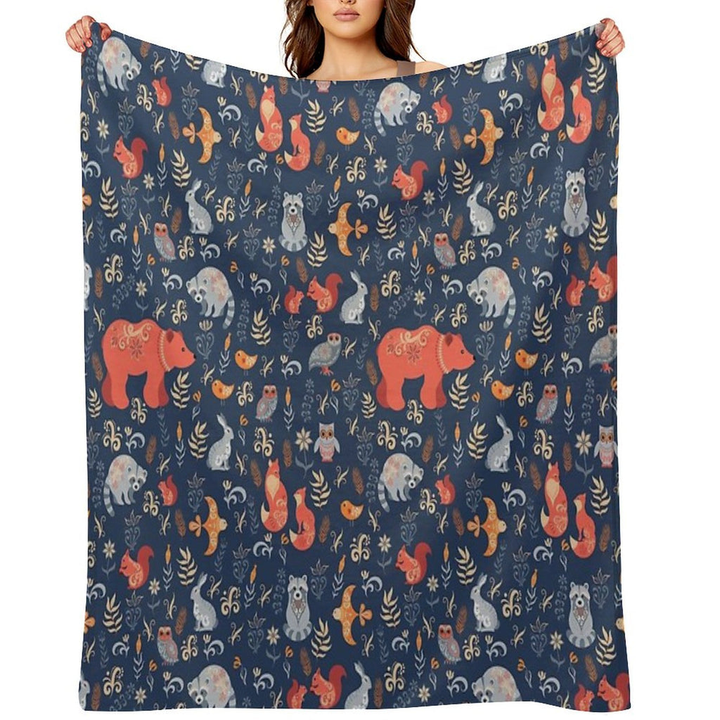Fairy-tale Forest. Fox, Bear, Raccoon, Owls, Rabbits, Flowers And Herbs on A Blue Background. Plush Throw Blanket