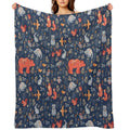 Fairy-tale Forest. Fox, Bear, Raccoon, Owls, Rabbits, Flowers And Herbs on A Blue Background. Plush Throw Blanket