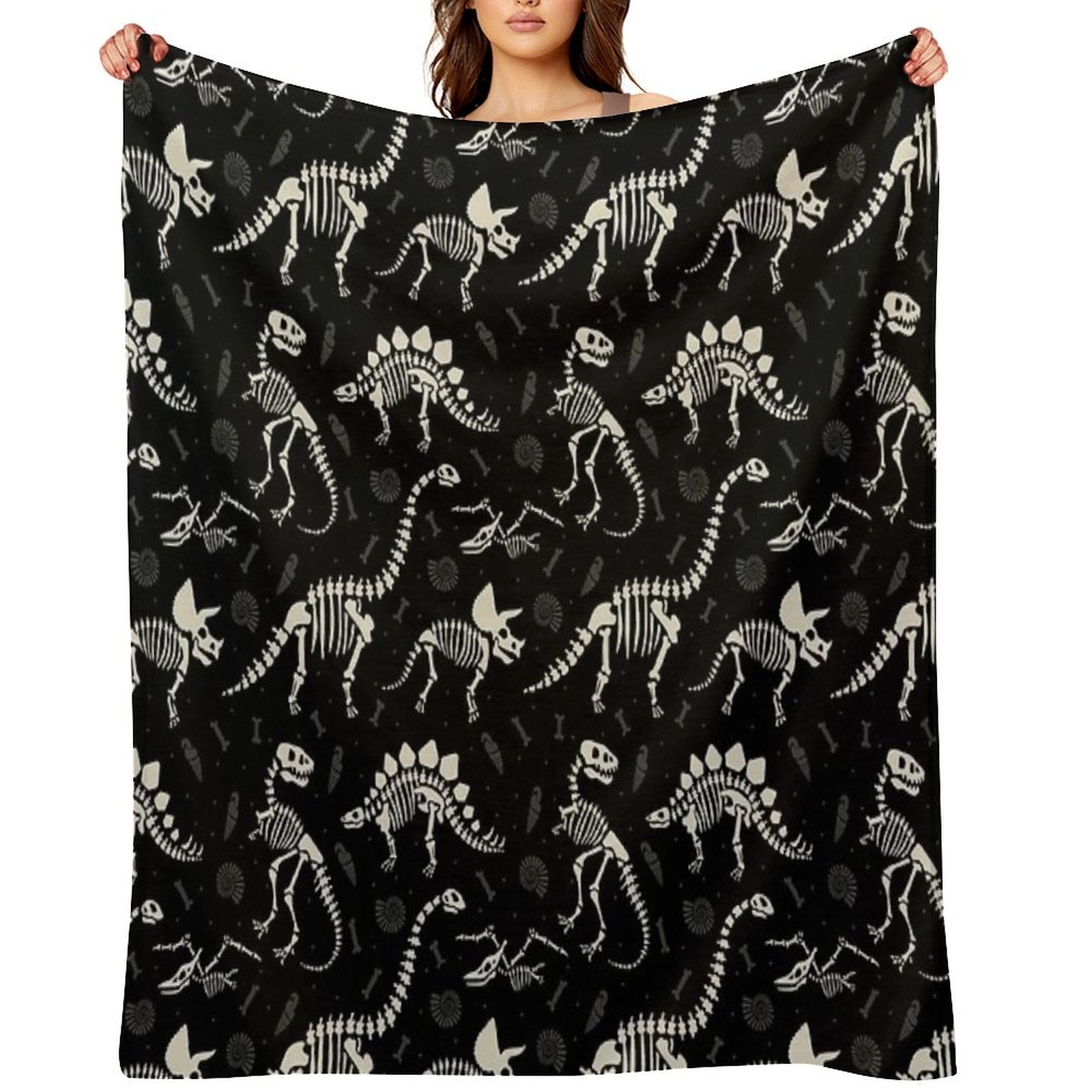 Dinosaur Fossils in Black Travel-friendly Throw Blanket