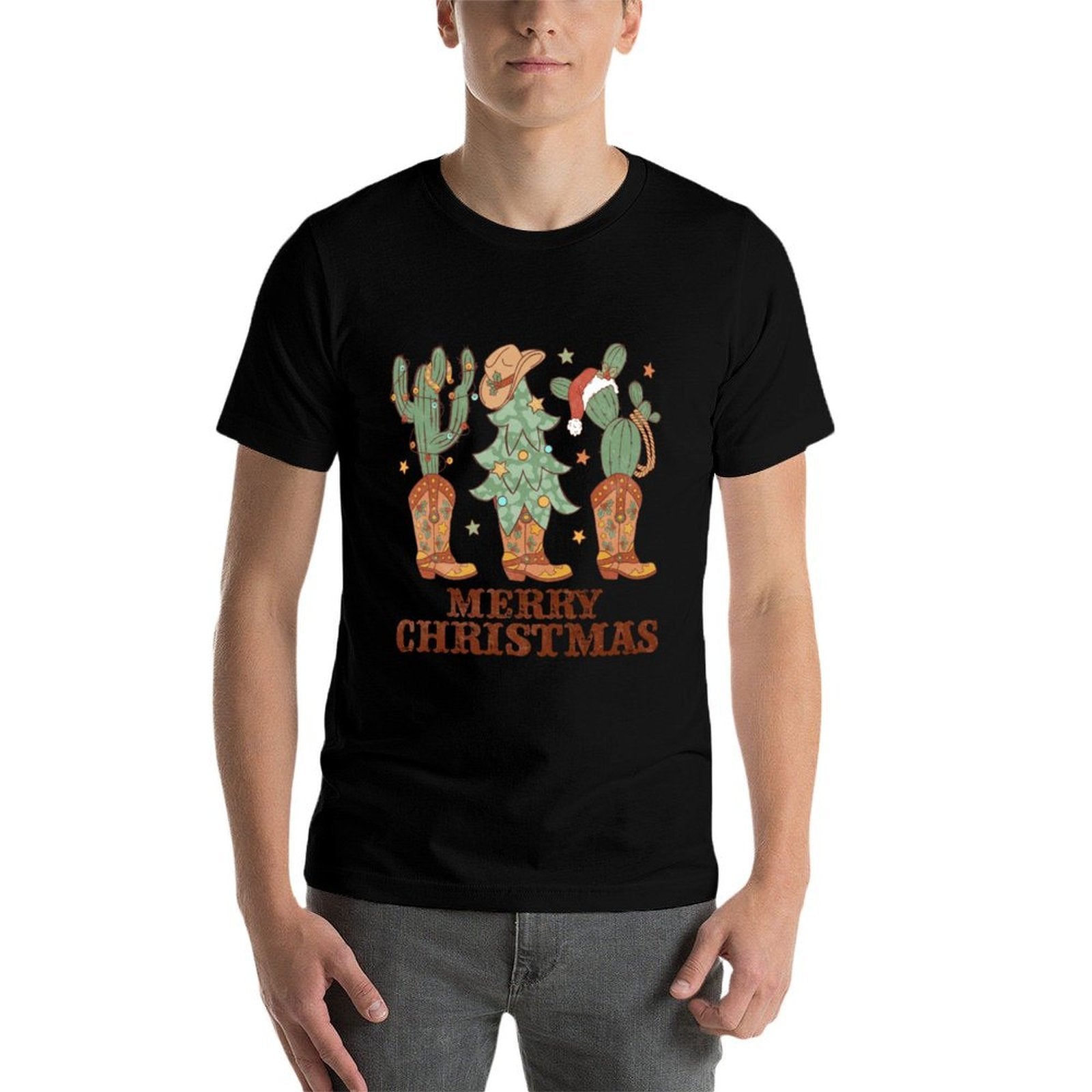 Merry Christmas Western Boots Trees Cactus Retro Hat Sweatshirt  Heathered Texture T-Shirt