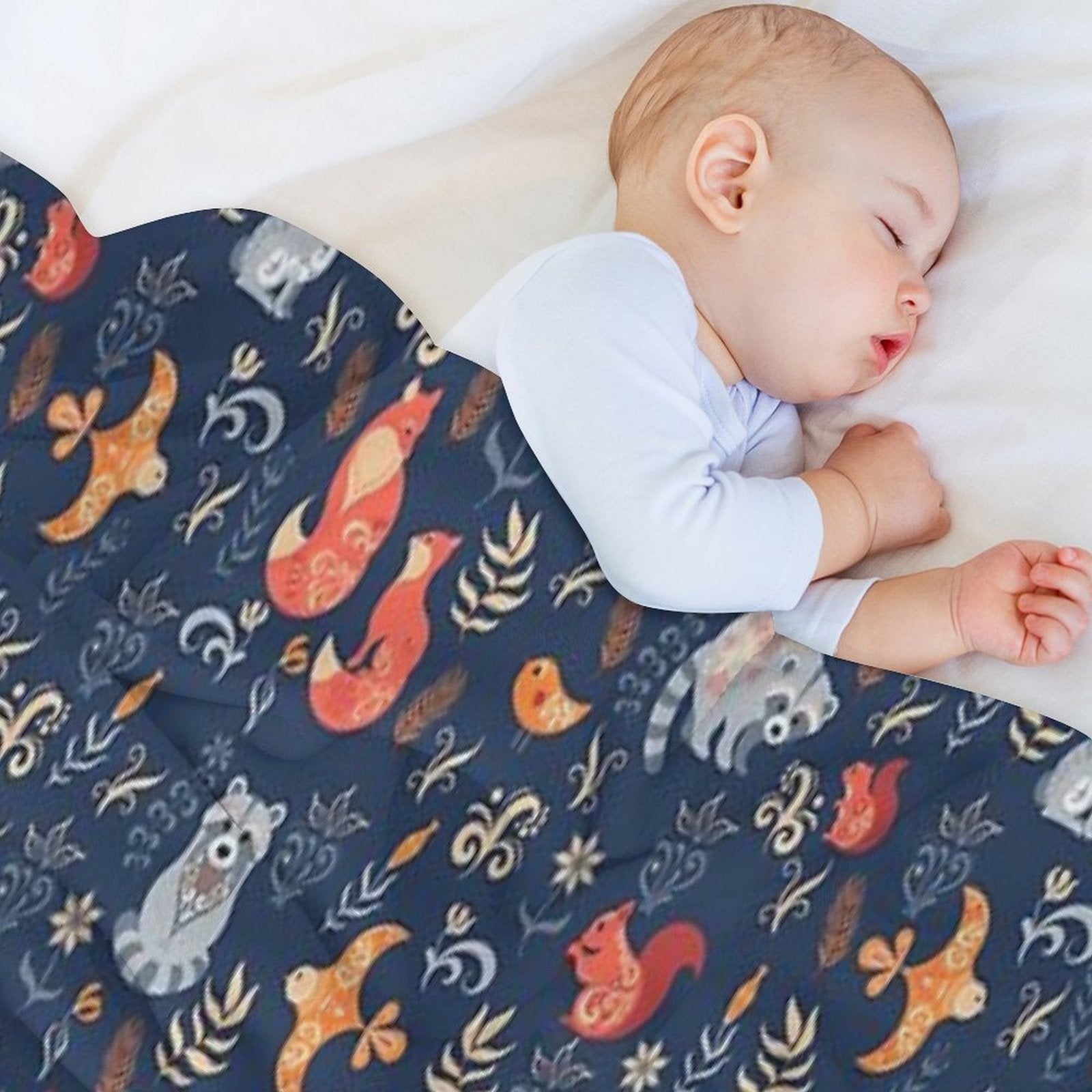 Fairy-tale Forest. Fox, Bear, Raccoon, Owls, Rabbits, Flowers And Herbs on A Blue Background. Plush Throw Blanket