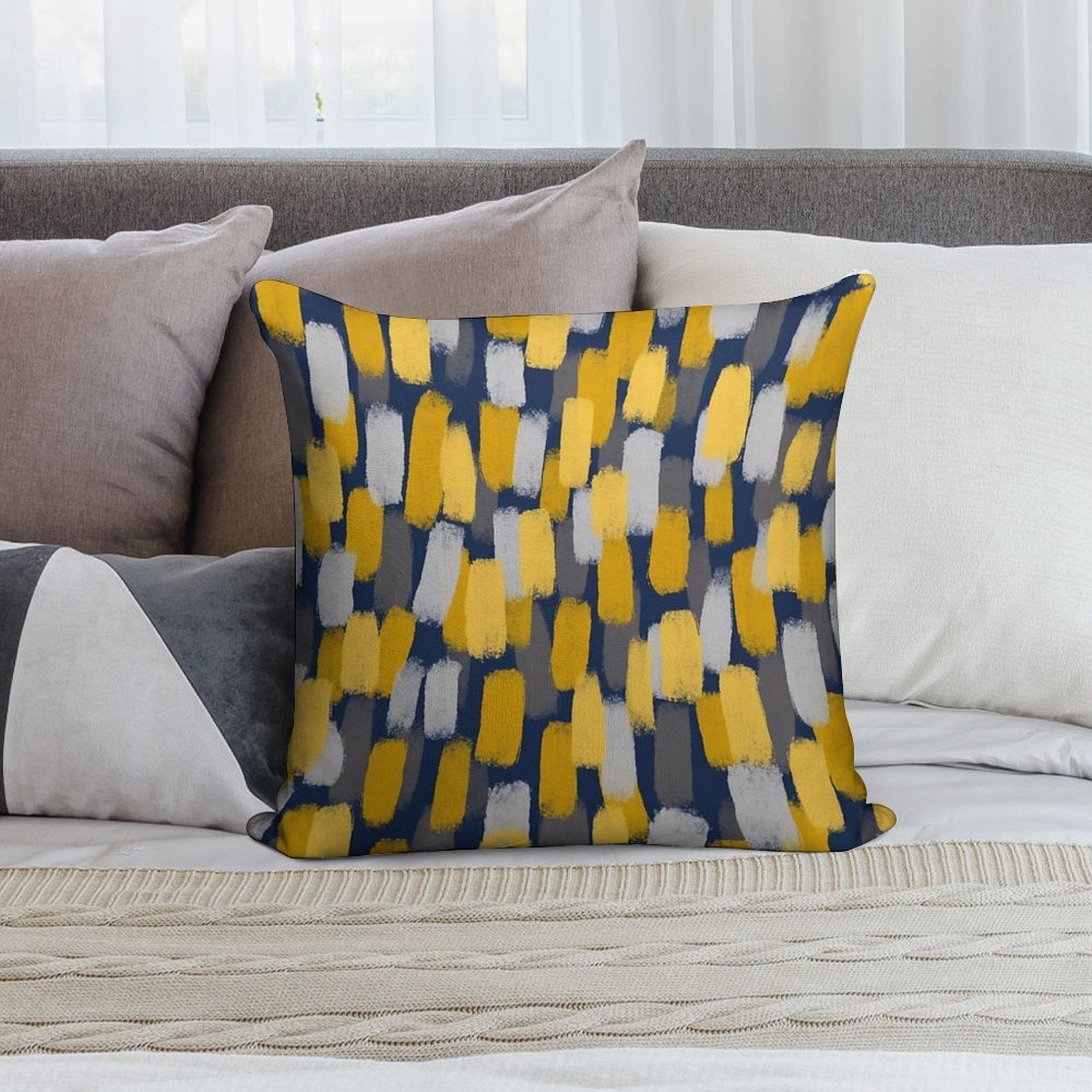 Abstract Grey And Mustard Yellow Paint Brush Effect on Navy Blue Soft Washable Throw Pillow