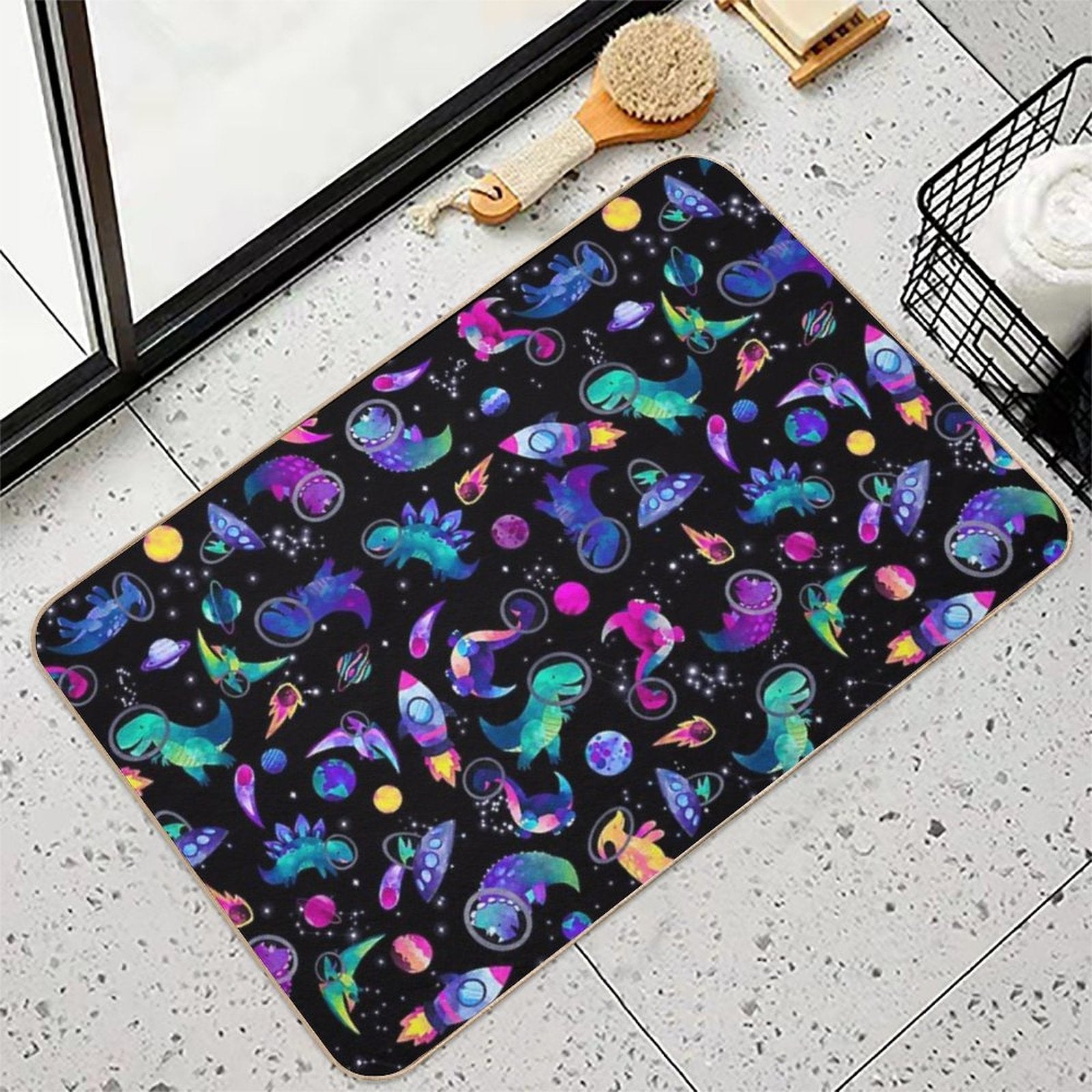 Space Dinosaur Astronauts Watercolor Pink Purple Pattern  Stain-Proof Bath Mat