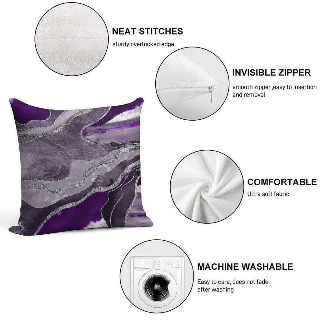 Dark Violet Marble Agate Silver Glam #1 (Photo of Glitter Only - Not Reflective) Soft Short Plush Fabric Throw Pillow