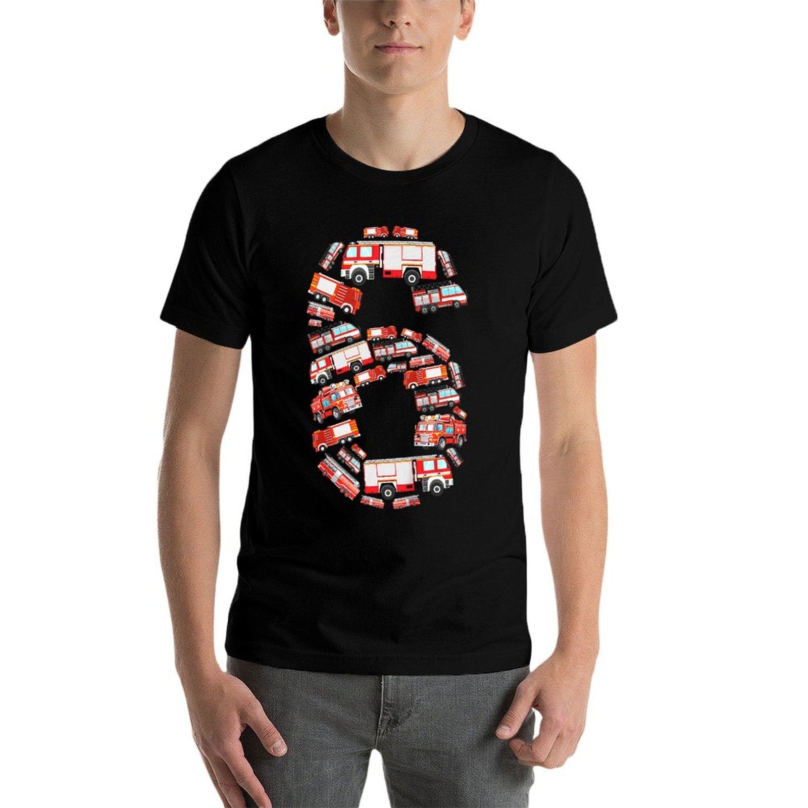 Kids Fire Truck, 6th Birthday Boy, 6 Year Old Toddler Firefighter  Rolled Sleeves T-Shirt