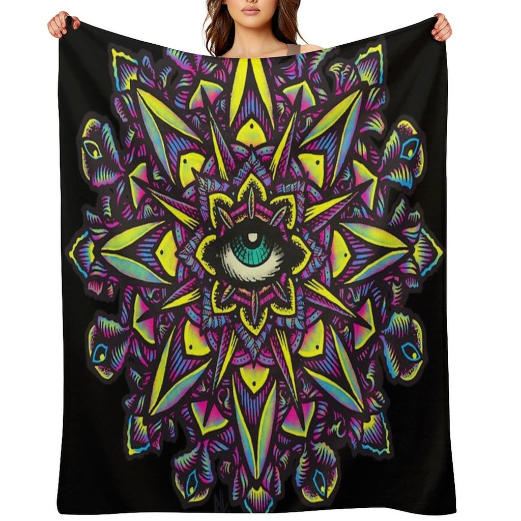Dharma Wheel Neon Mandala Eye Machine-washable Throw Blanket
