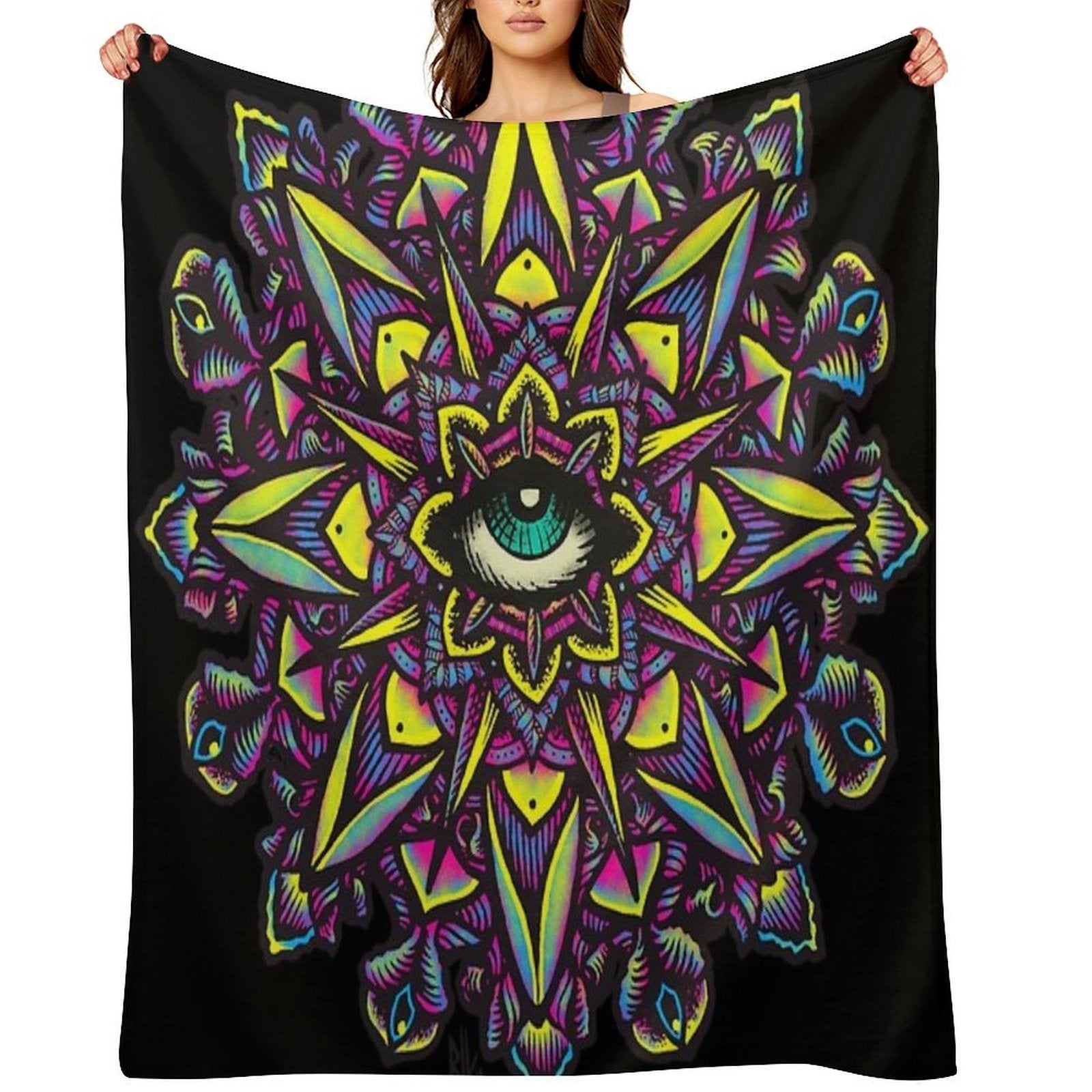 Dharma Wheel Neon Mandala Eye Machine-washable Throw Blanket