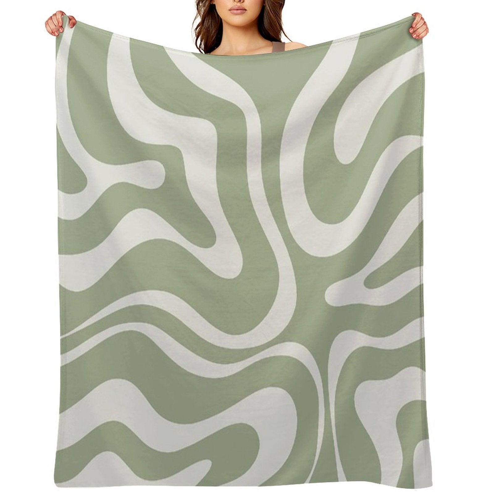Liquid Swirl Abstract Pattern in Sage Green And Nearly White Plush Throw Blanket