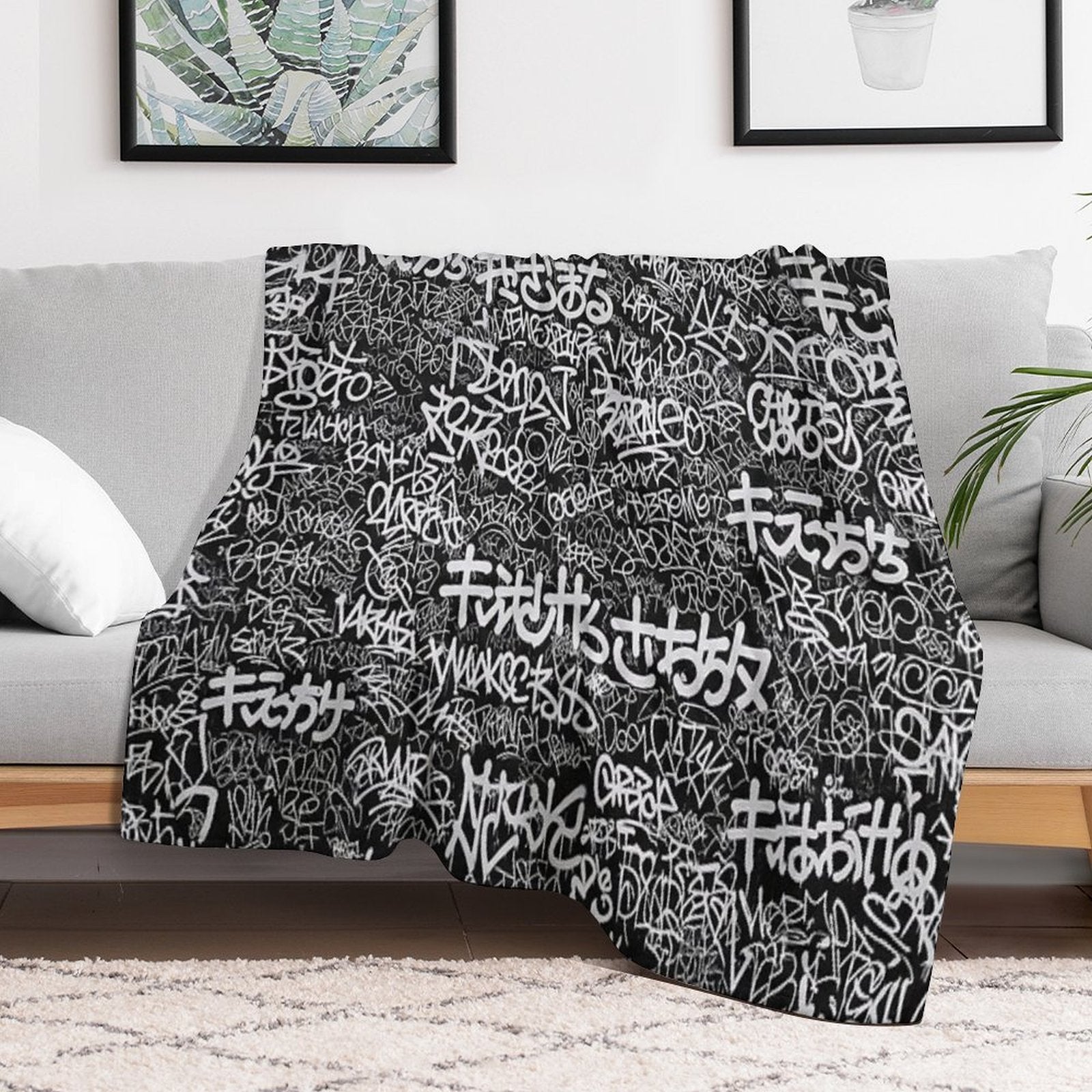 Black & White Doodle Graffiti Japanese Positive Words Tag Art Machine-washable Throw Blanket