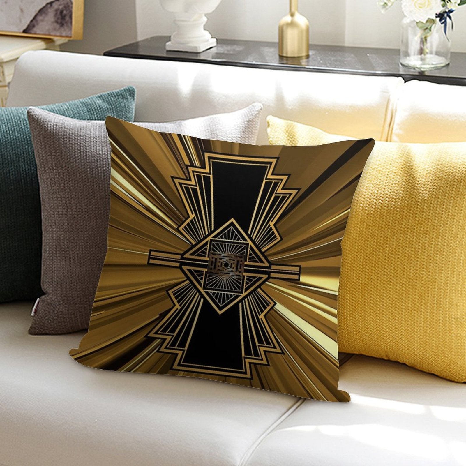 Art Deco Nouveau Black And Gold Shimmer Trendy Geometric Design Soft Short Plush Fabric Throw Pillow