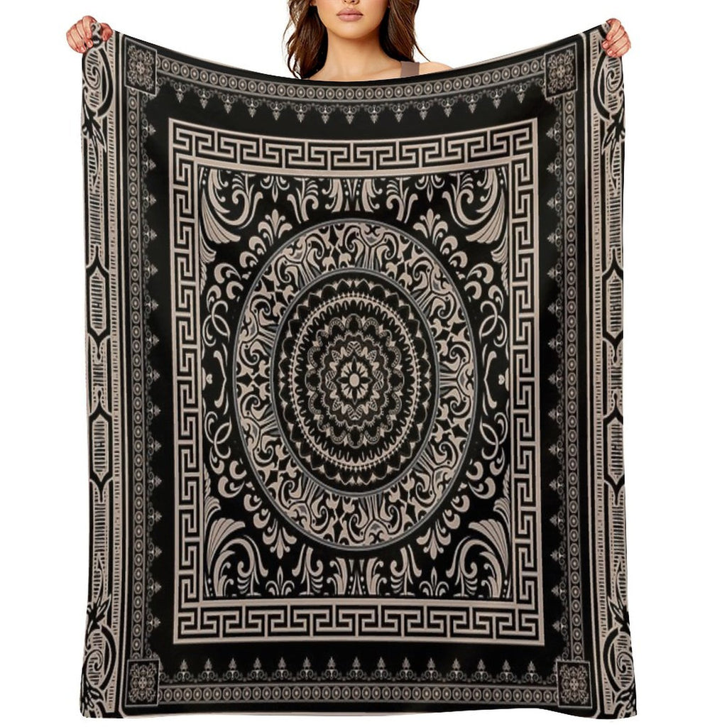 Ornate Baroque Black Khaki Greek Key Travel-friendly Throw Blanket