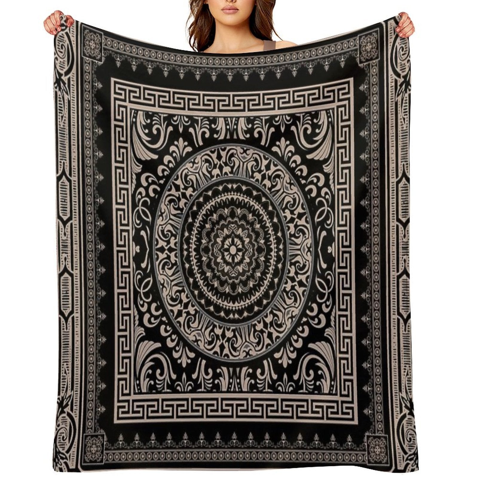 Ornate Baroque Black Khaki Greek Key Travel-friendly Throw Blanket
