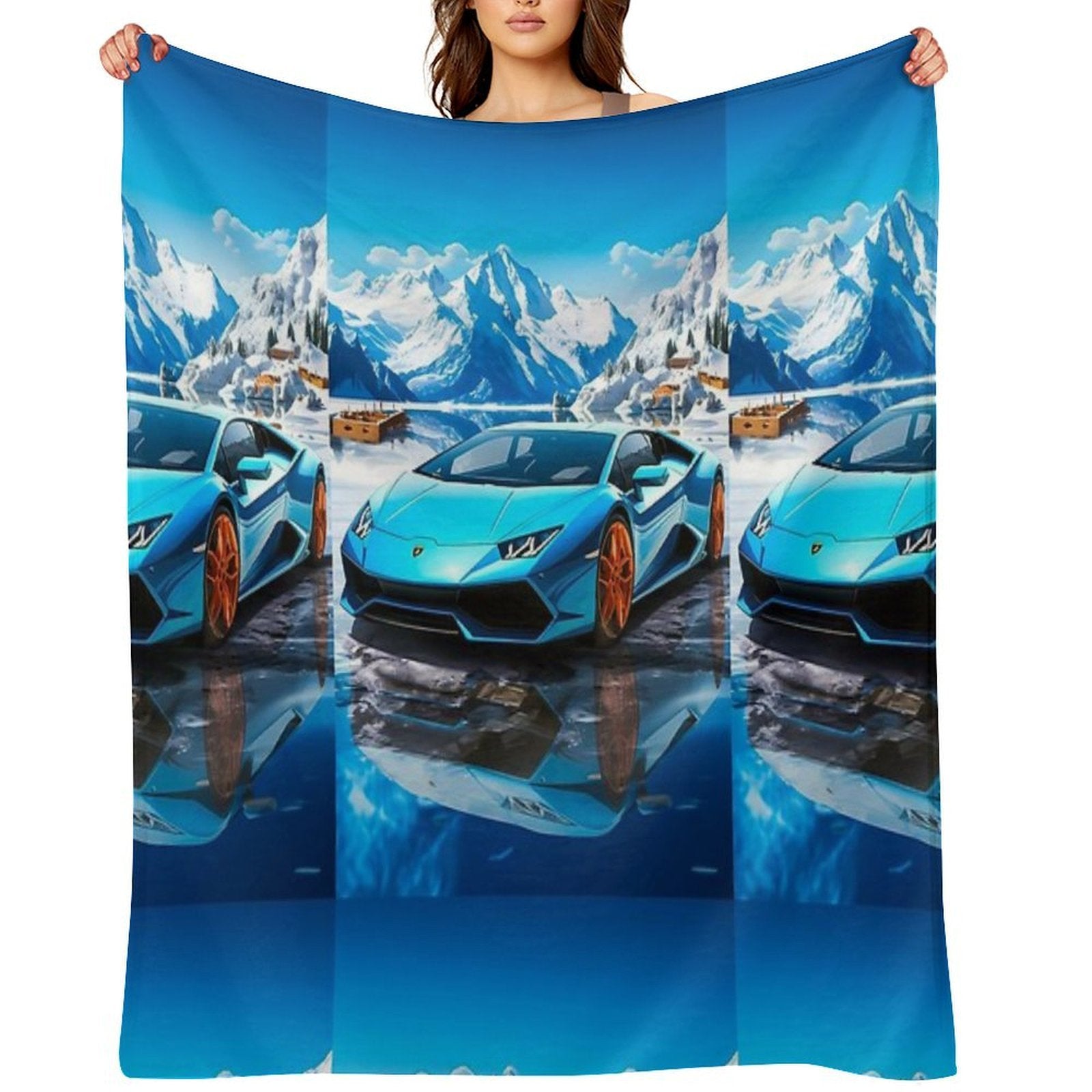 Blue Lamborghini Huracan, Icy Majesty Supercar, Sports Car On Snowy Alpine Backdrop, High Octane Wall Art Machine-washable Throw Blanket