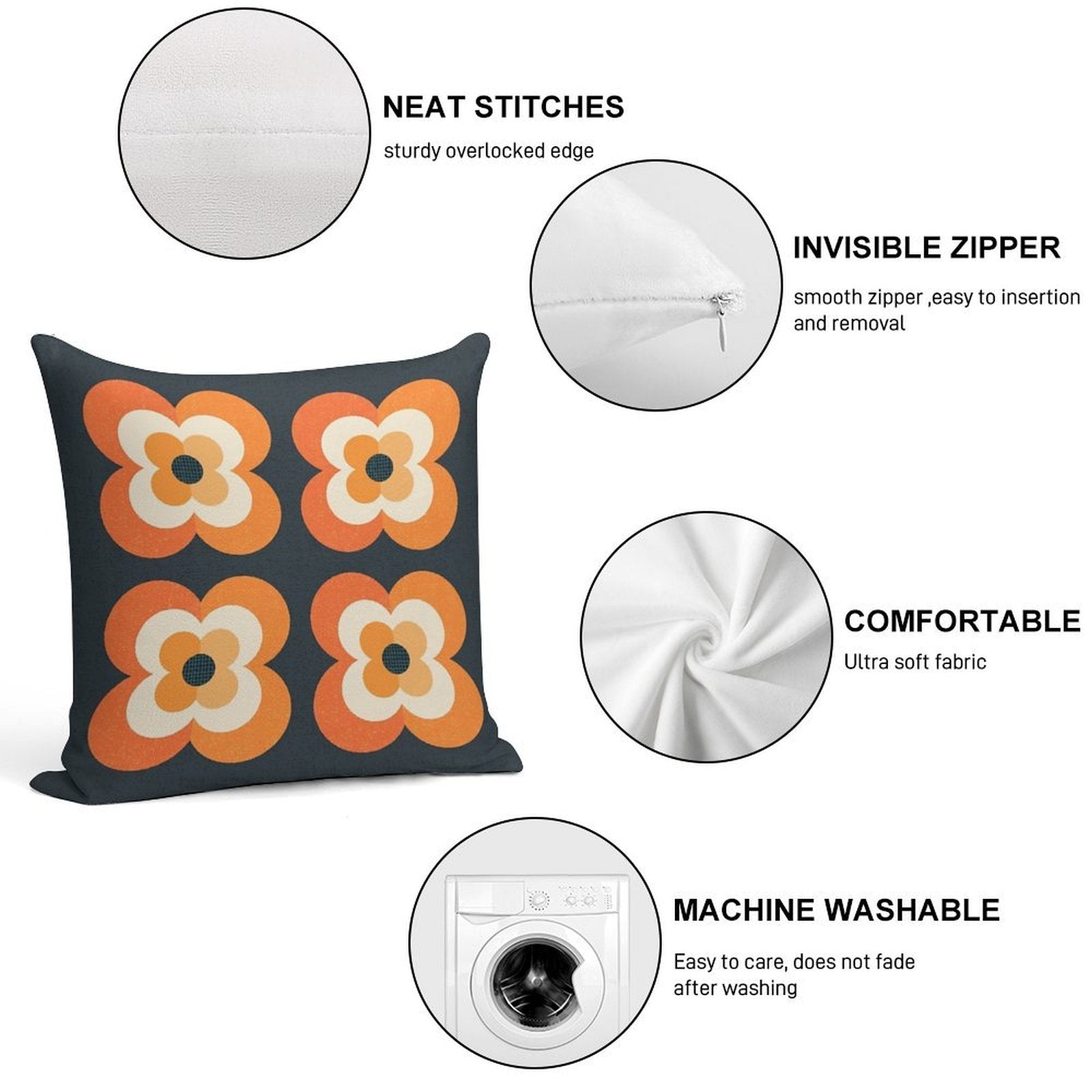 Retro Flowers - Orange And Charcoal Soft Easy Maintenance Throw Pillow