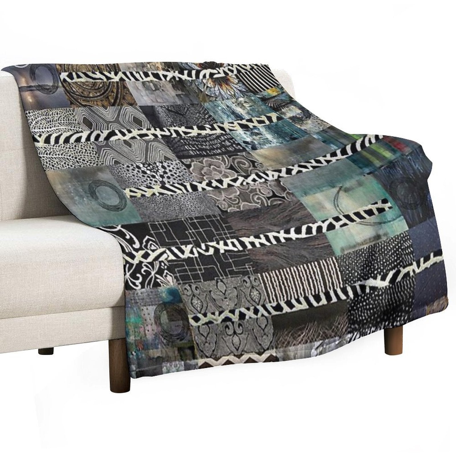 Black White And Grey Quilt Design Abstract Art Collage Sustainable Throw Blanket