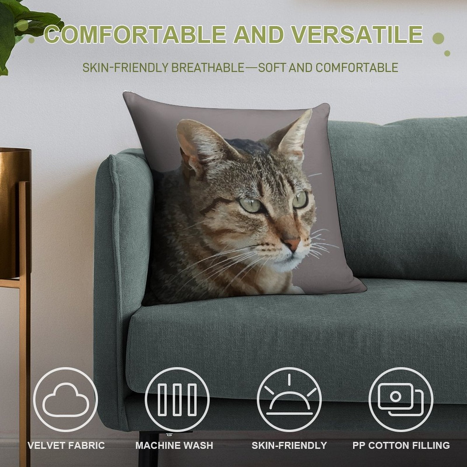 Stunning Tabby Cat Close Up Portrait Vector Isolated Soft Washable Throw Pillow