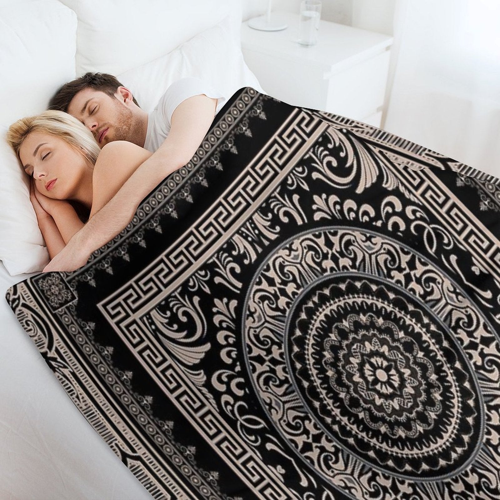 Ornate Baroque Black Khaki Greek Key Travel-friendly Throw Blanket