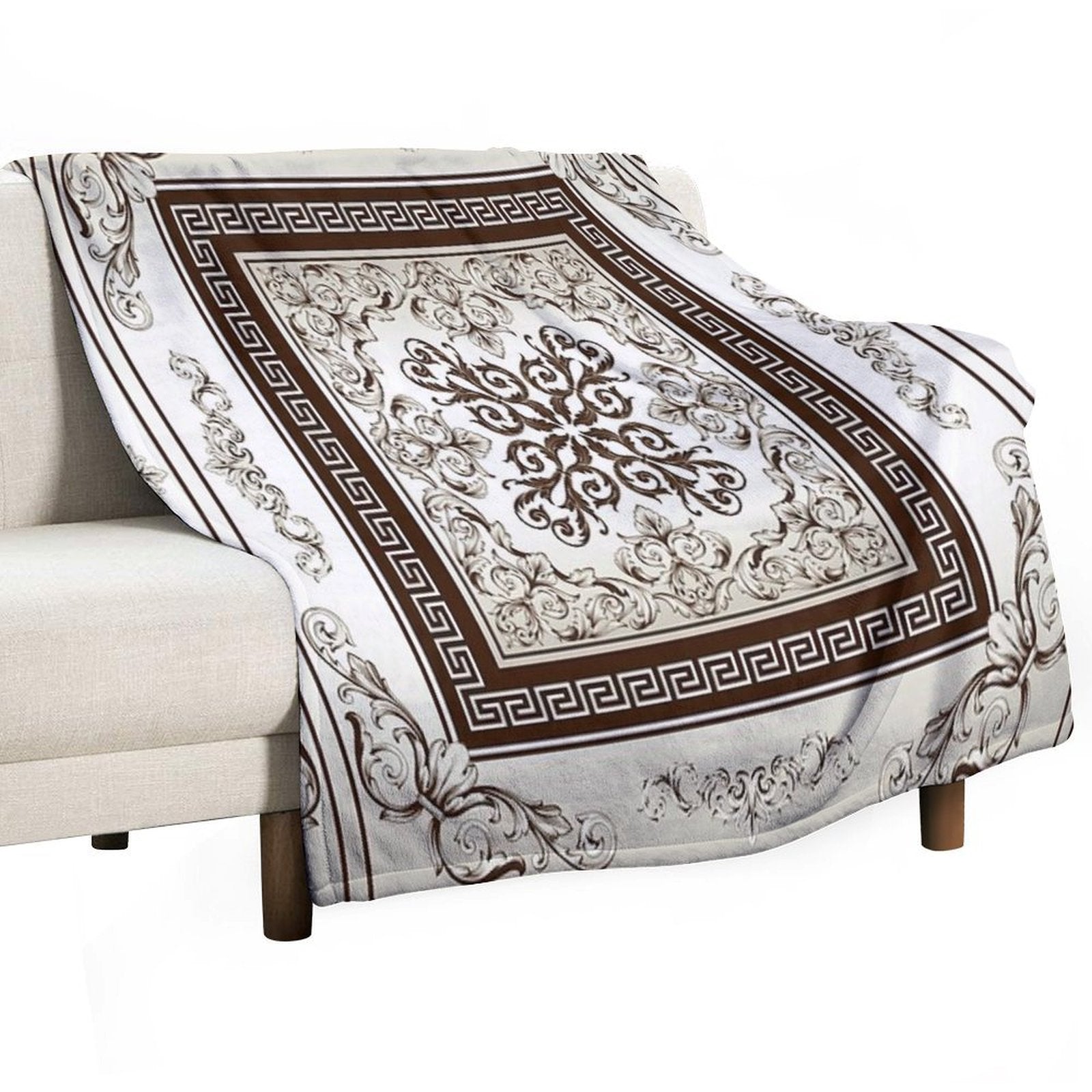 Baroque Filigree Cream And Brown Greek Meander Comfort Throw Blanket