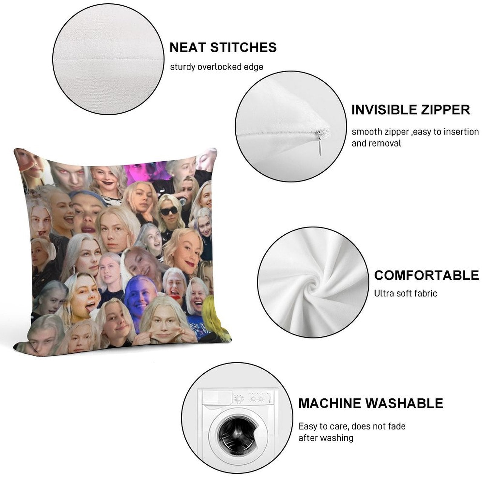 Phoebe Bridgers Face Collage Soft Easy Maintenance Throw Pillow